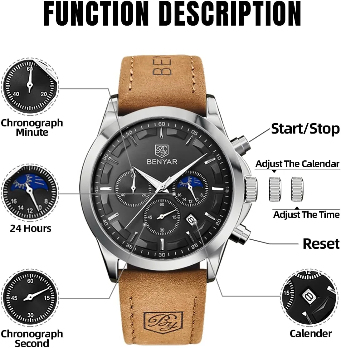 Chronograph Stylish Casual Wristwatch with Stainless Steel Bracelets Waterproof Luminous Date Watches Elegant Gift for Men BENYAR Mens consideration induct engender handbook Watch Analog Quartz Movement 