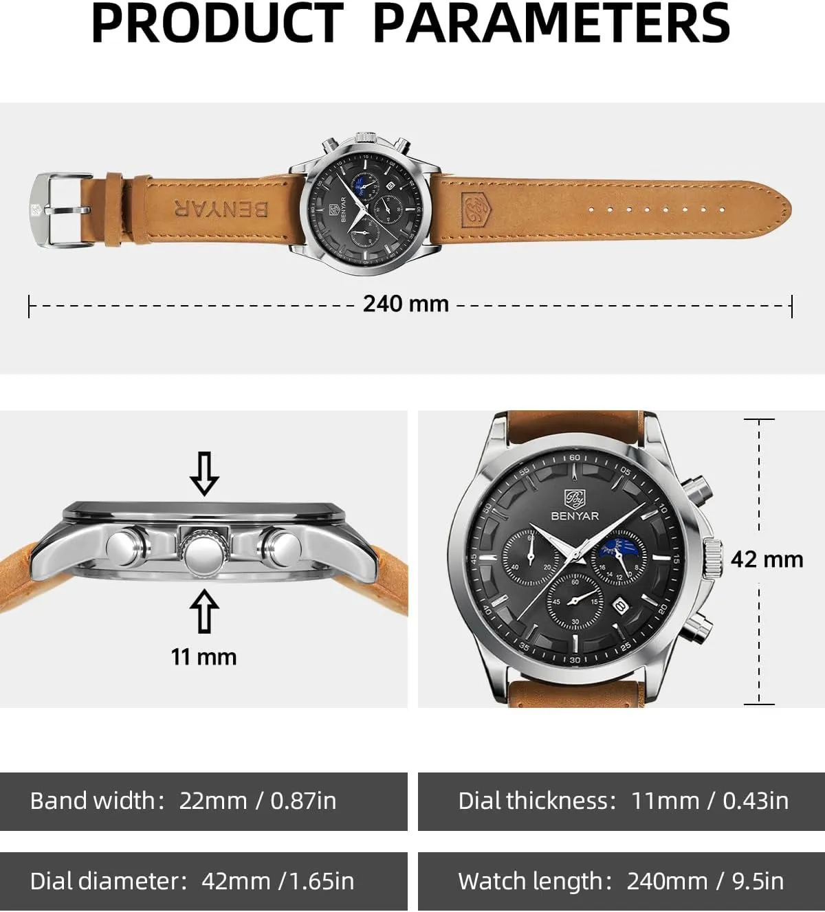 Chronograph Stylish Casual Wristwatch with Stainless Steel Bracelets Waterproof Luminous Date Watches Elegant Gift for Men BENYAR Mens consideration induct engender handbook Watch Analog Quartz Movement 