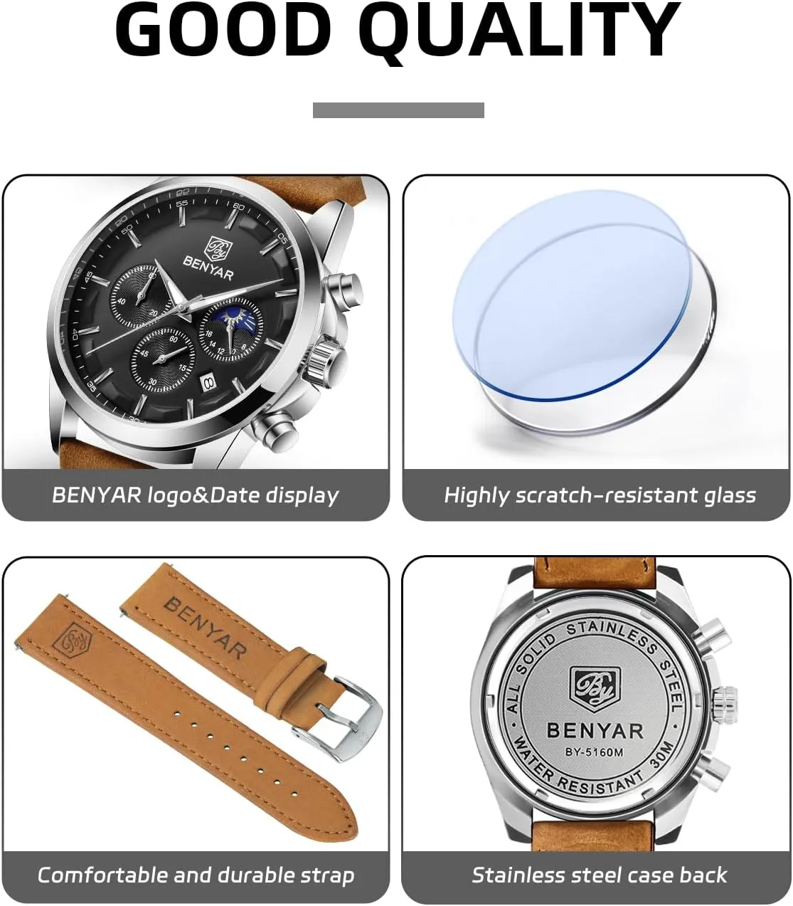 Chronograph Stylish Casual Wristwatch with Stainless Steel Bracelets Waterproof Luminous Date Watches Elegant Gift for Men BENYAR Mens consideration induct engender handbook Watch Analog Quartz Movement 