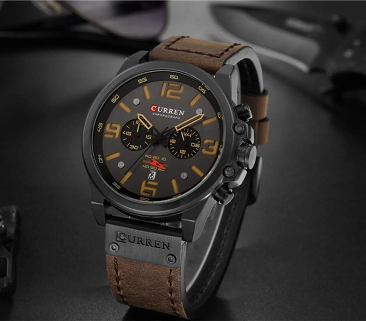 Chronograph Watch Mens Quartz Watch with Date MASTOP Fashion Mens Watch Leather Military flowerpot Stopwatch Waterproof 