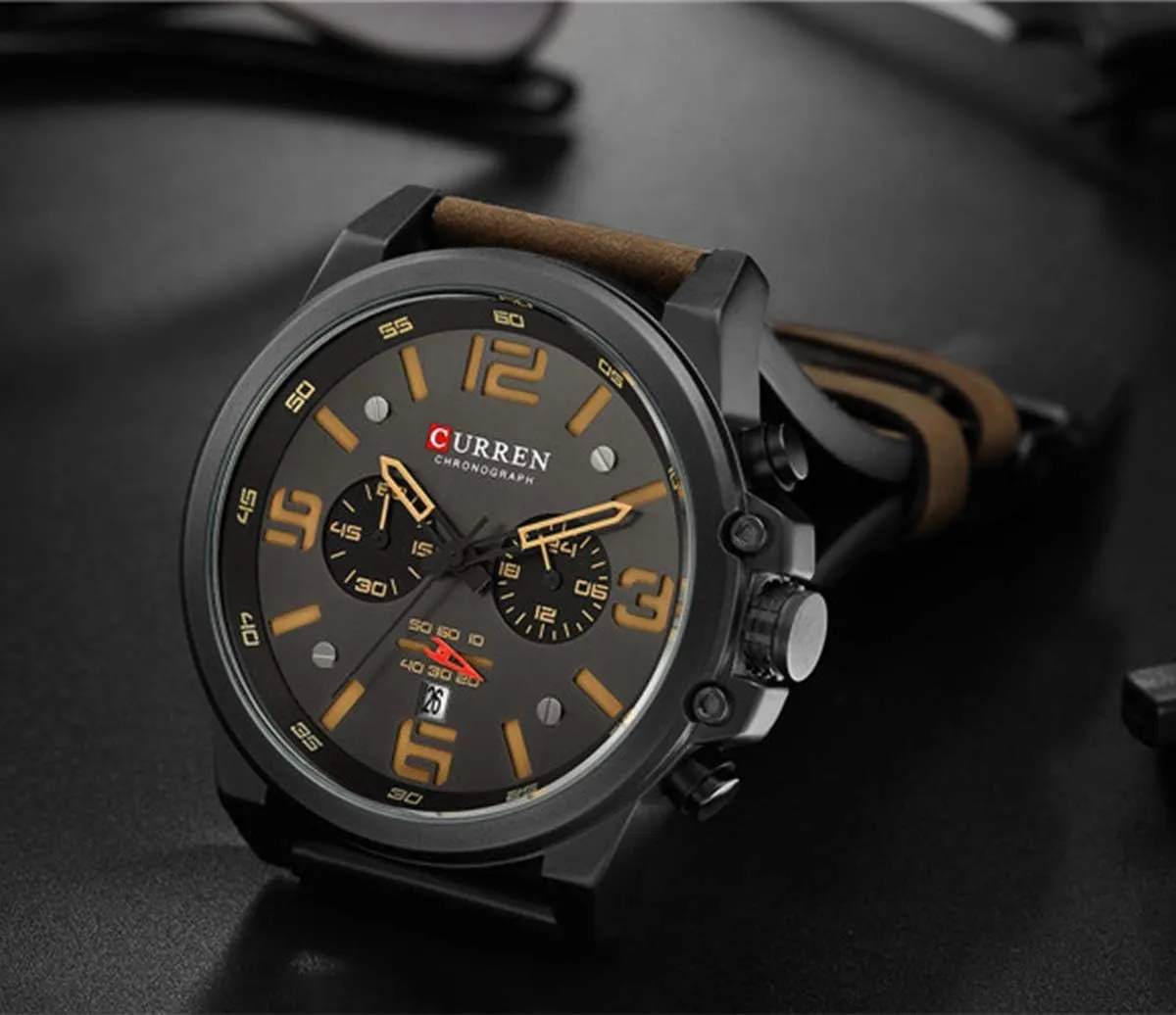 Chronograph Watch Mens Quartz Watch with Date MASTOP Fashion Mens Watch Leather Military flowerpot Stopwatch Waterproof 