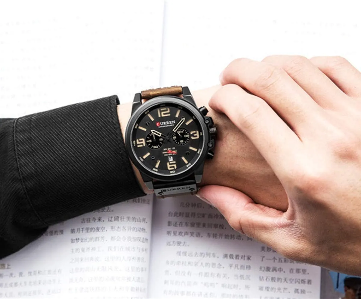 Chronograph Watch Mens Quartz Watch with Date MASTOP Fashion Mens Watch Leather Military flowerpot Stopwatch Waterproof 