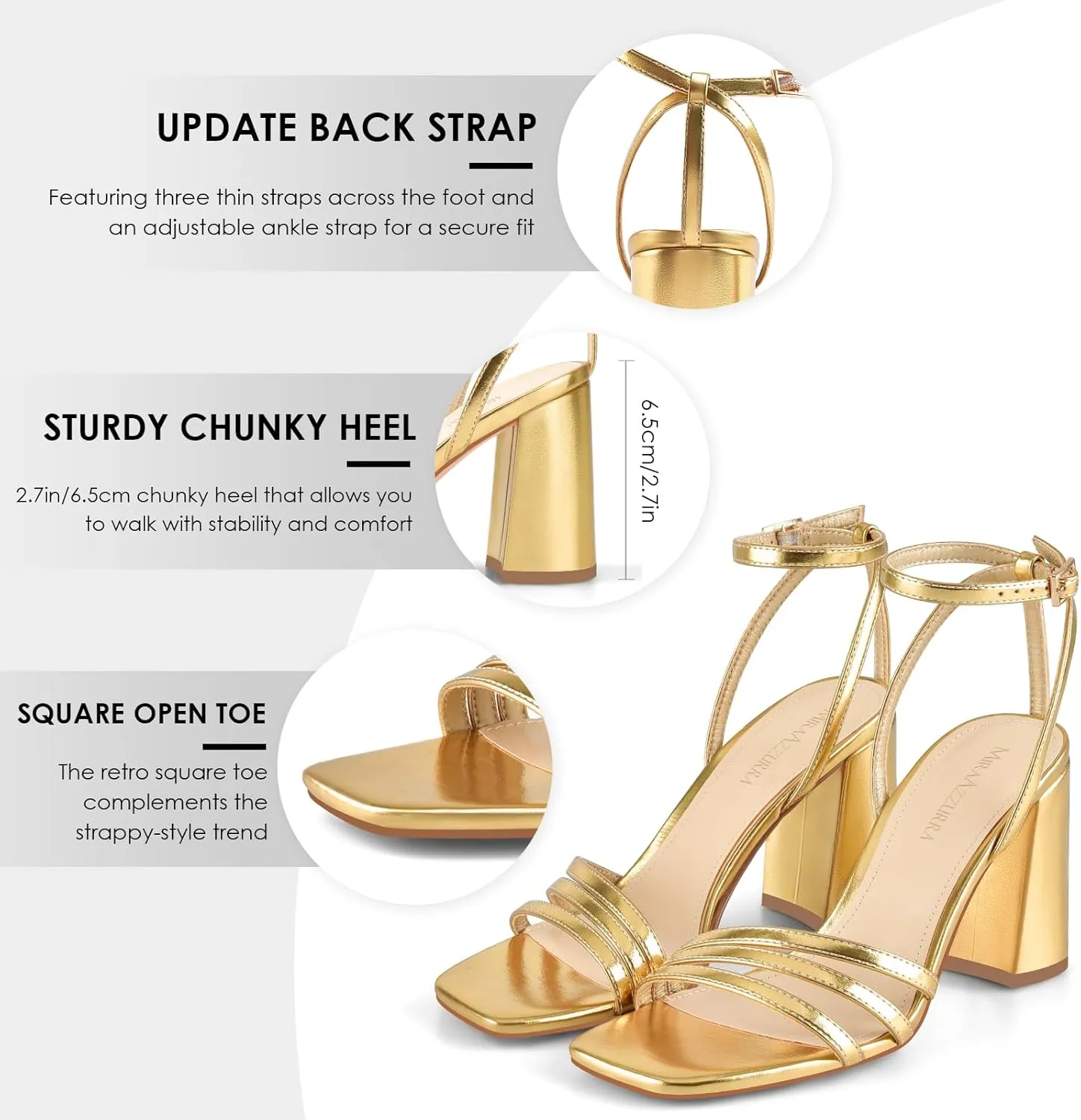Chunky Block Heels with Ankle Strap, for Women Daily Party silicon Dress Comfortable Heels MIRAAZZURRA Womens Heeled Sandals, Square Open Toe 