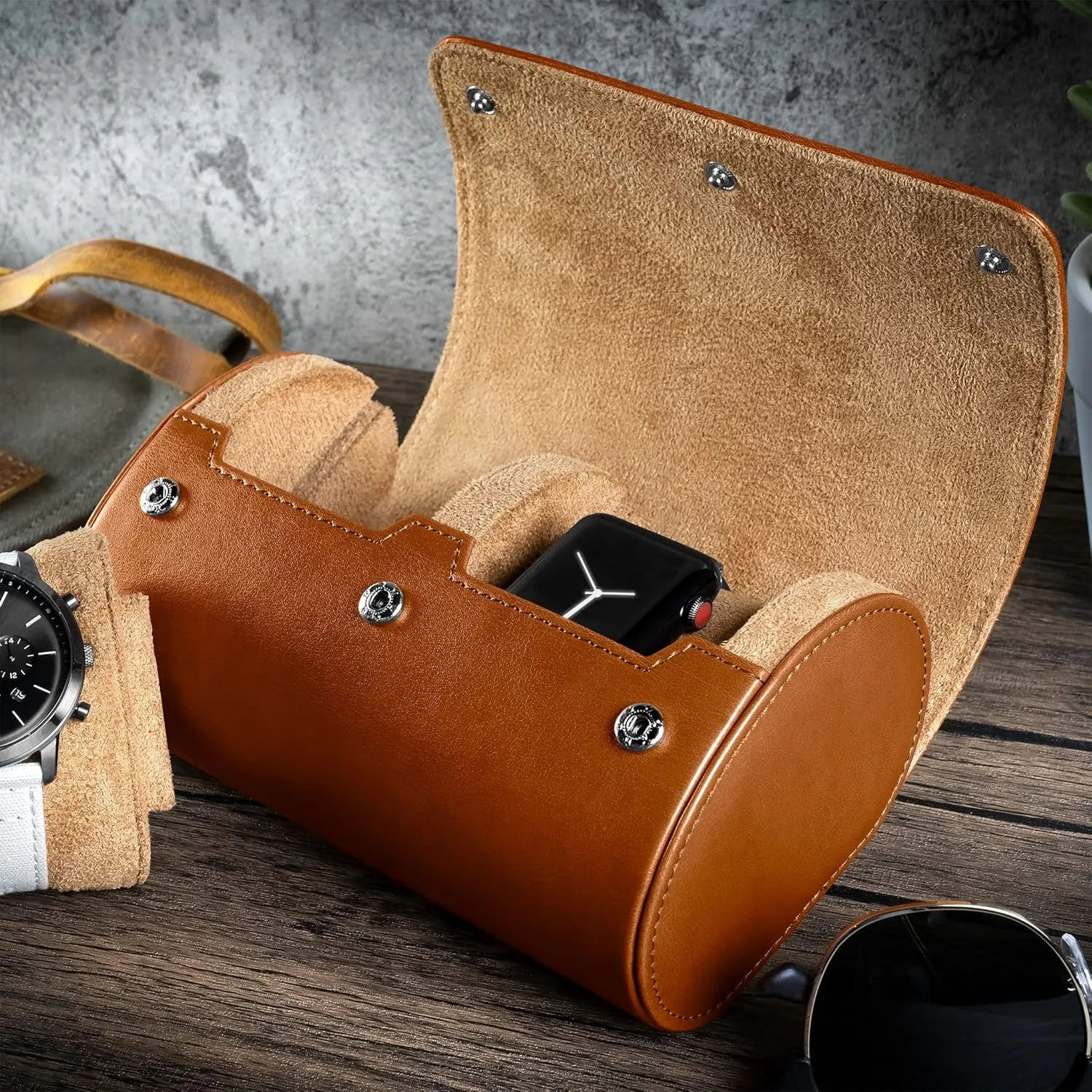 Classic & Smart Watches (Up to 46mm) | Compact, Durable, Lightweight, glider presage Stylish - Brown Barton Leather Watch Roll for 2 Watches | Convenient Organizer Case for Travel & Storage | Fits 