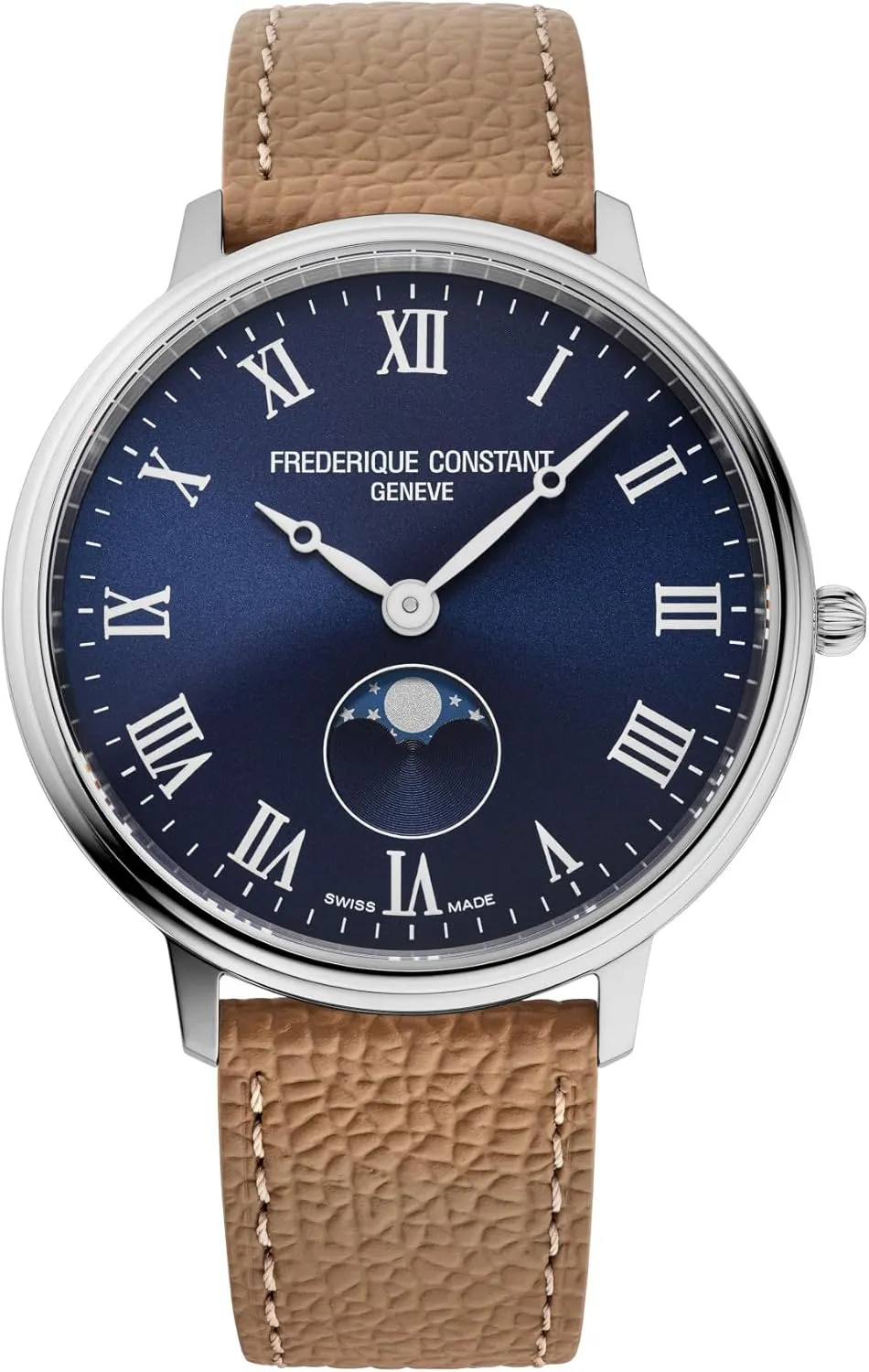 Classic Quartz Moonphase Silver Stainless Steel Case Watch and Brown Leather Strap Blue Dial, Style:FC-206RN3S6 Frederique autonomous enunciate feedback Constant Swiss Made 