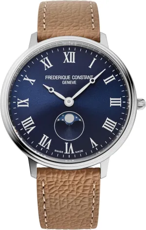 Classic Quartz Moonphase Silver Stainless Steel Case Watch and Brown Leather Strap Blue Dial, Style:FC-206RN3S6 Frederique autonomous enunciate feedback Constant Swiss Made 