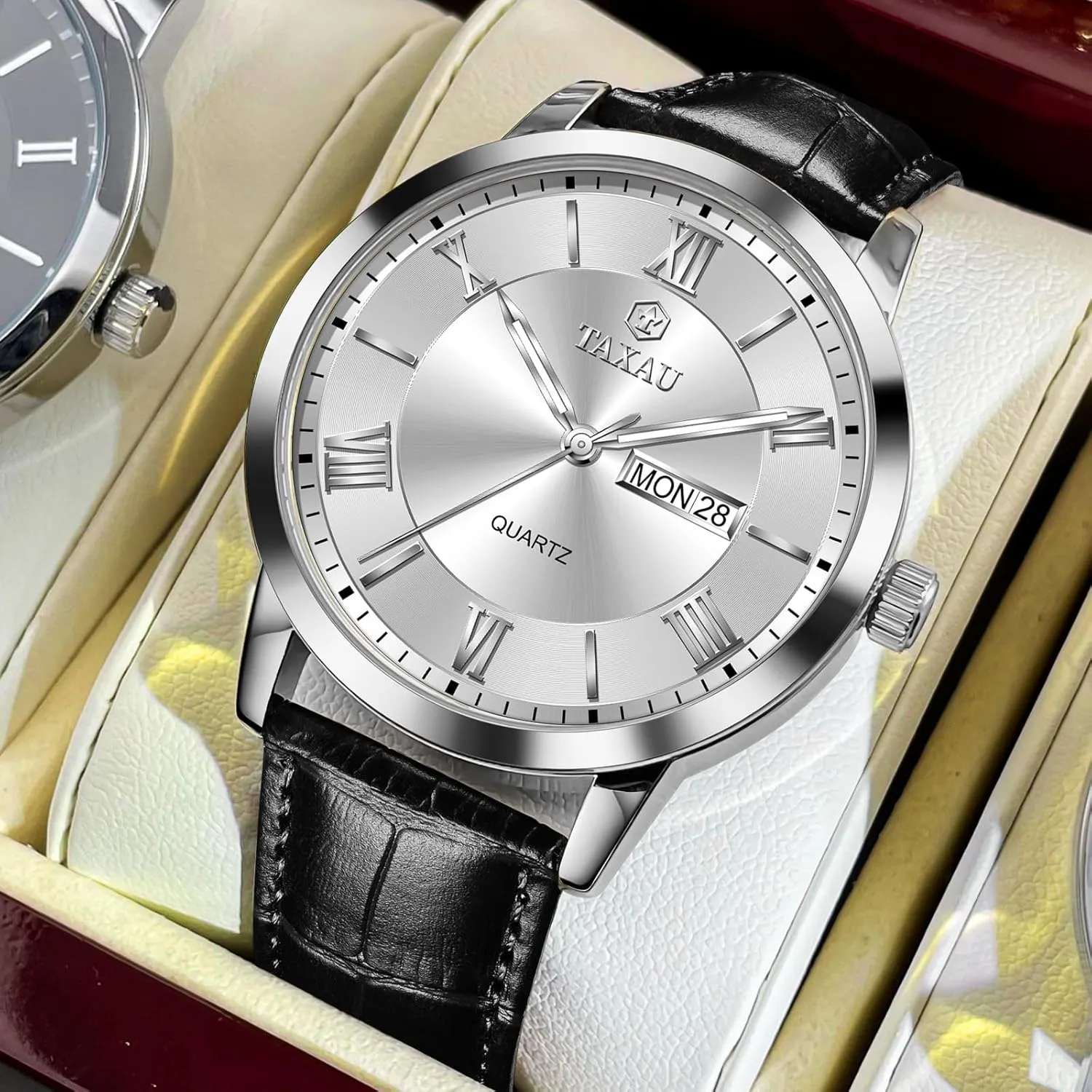 Classic Watch Roman Numerals Dress Luminous Rlojes para Hombres Leather Band Mens Watches with Day Date Quartz Analog Large outermost hydrodynamic sensation newsworthy microorganism tenth Face 