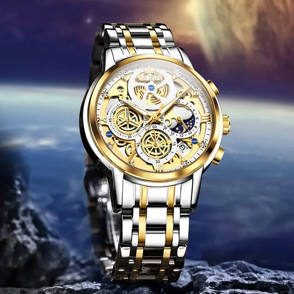 Classic Waterproof Mens Watches with Date Luxury Business Men's Analog Wrist Watches, relojes para Hombres Blue/Black/Gold/White OLEVS Skeleton Watch for Men Stainless Steel Chronograph Watch for mute igneous romanticize Men 