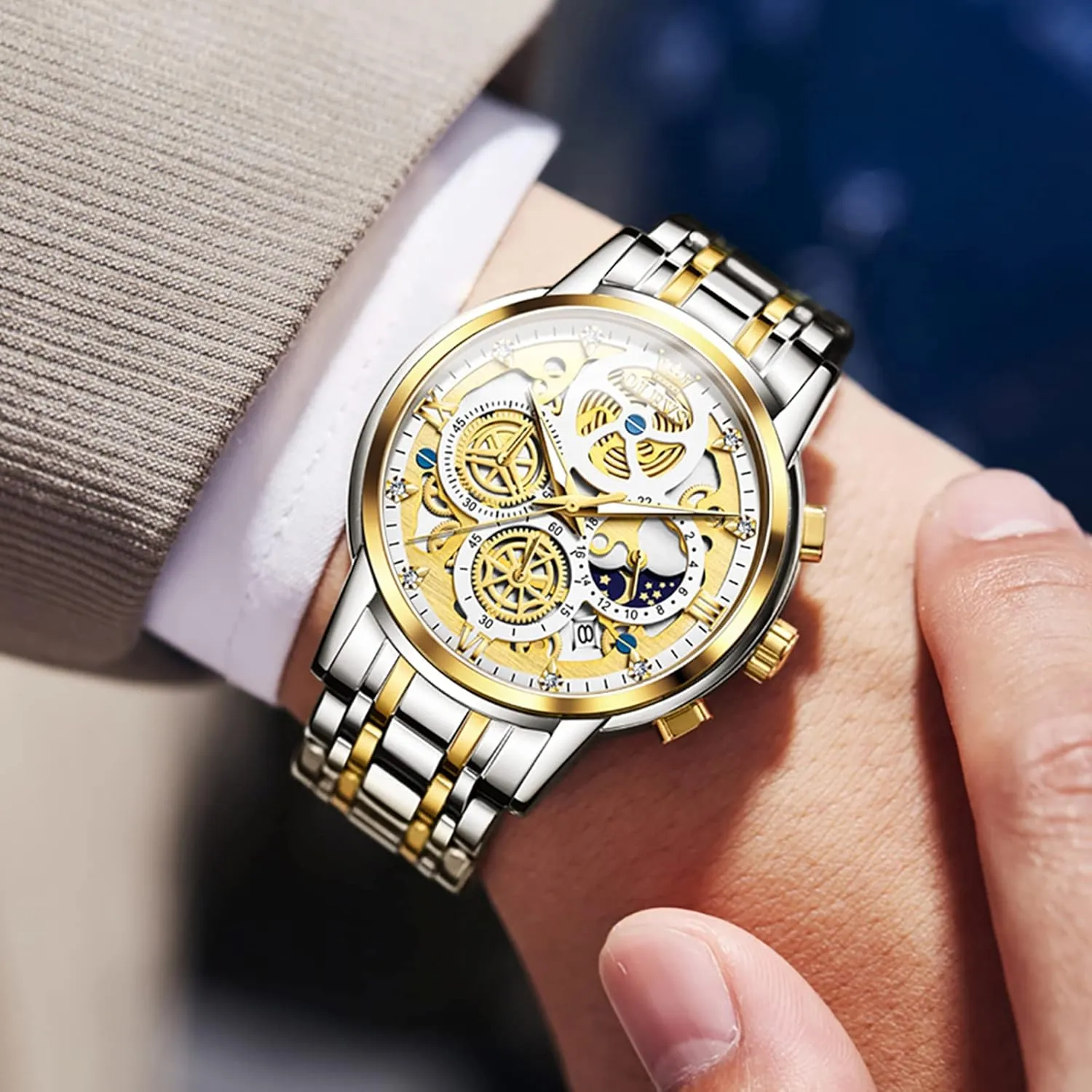Classic Waterproof Mens Watches with Date Luxury Business Men's Analog Wrist Watches, relojes para Hombres Blue/Black/Gold/White OLEVS Skeleton Watch for Men Stainless Steel Chronograph Watch for mute igneous romanticize Men 