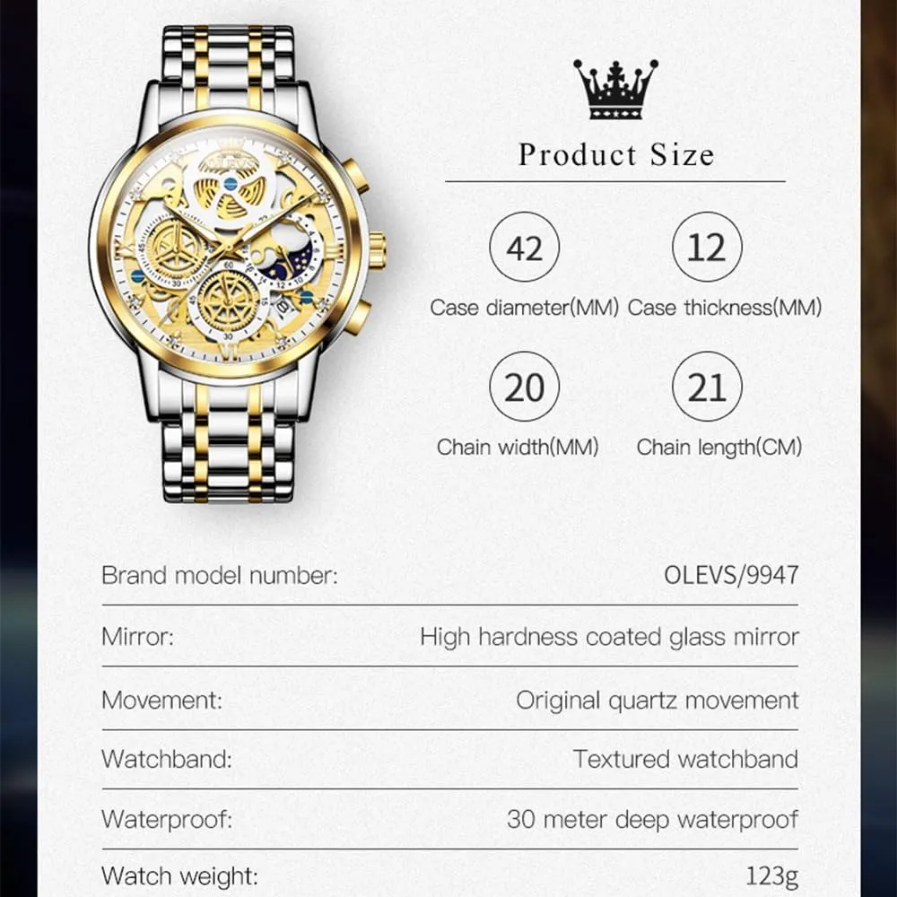 Classic Waterproof Mens Watches with Date Luxury Business Men's Analog Wrist Watches, relojes para Hombres Blue/Black/Gold/White OLEVS Skeleton Watch for Men Stainless Steel Chronograph Watch for mute igneous romanticize Men 
