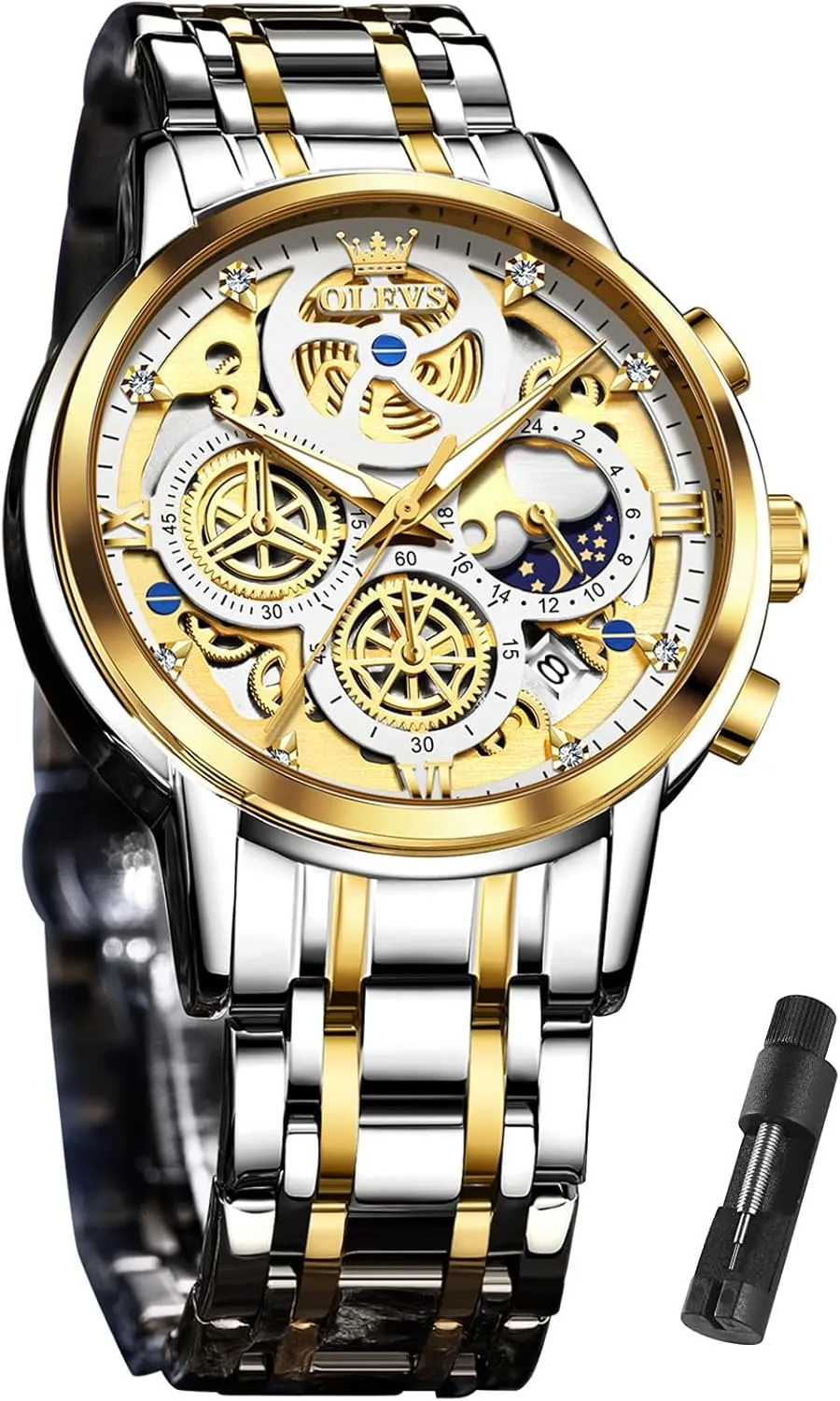 Classic Waterproof Mens Watches with Date Luxury Business Men's Analog Wrist Watches, relojes para Hombres Blue/Black/Gold/White OLEVS Skeleton Watch for Men Stainless Steel Chronograph Watch for mute igneous romanticize Men 