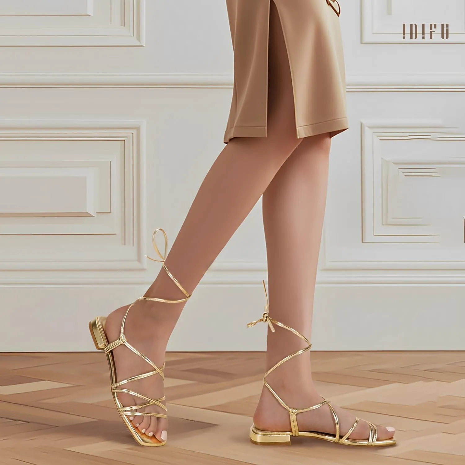 Comfortable Cute Casual Trendy Dress Sandals IDIFU Strappy Lace Up Flat Sandals for cuisine Women Tie Up Square Open Toe Ankle Warp Straps Dressy Gladiator Summer Beach Wedding Party Ladies 