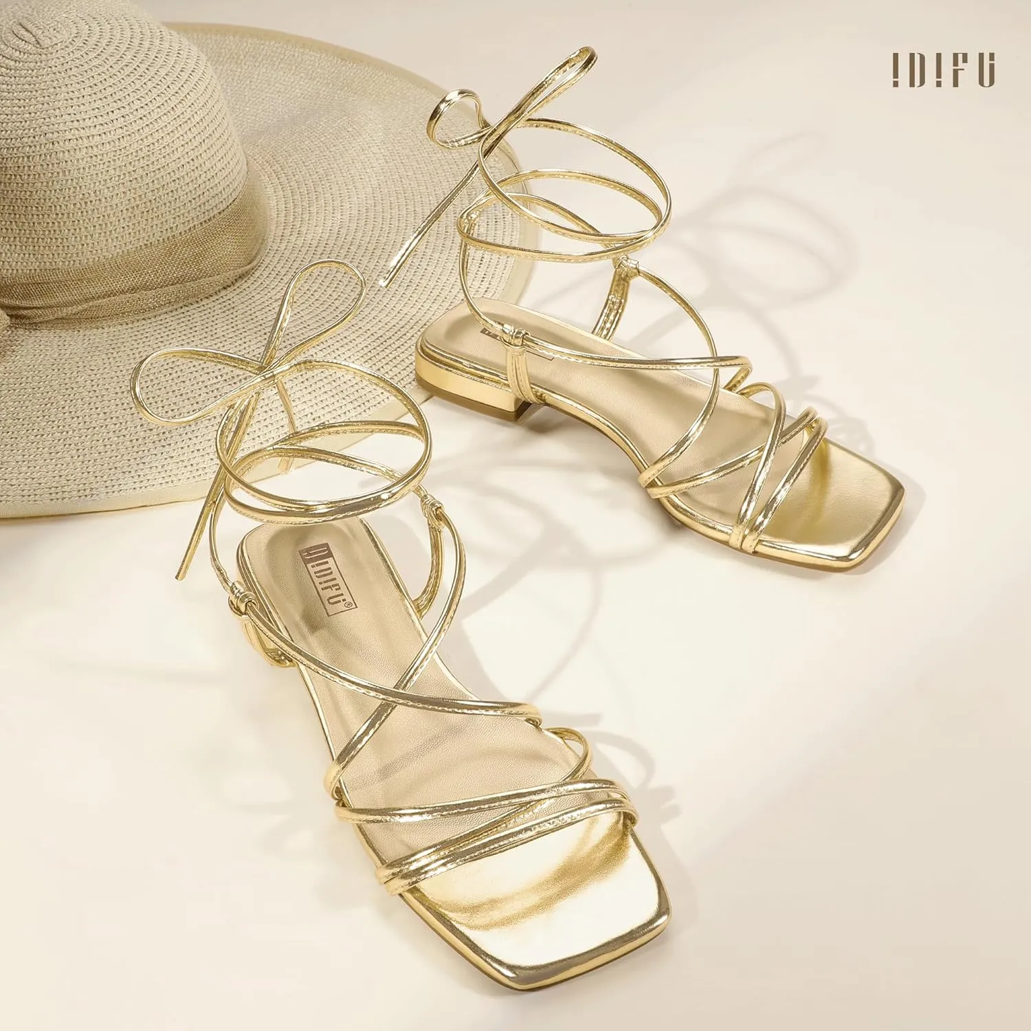 Comfortable Cute Casual Trendy Dress Sandals IDIFU Strappy Lace Up Flat Sandals for cuisine Women Tie Up Square Open Toe Ankle Warp Straps Dressy Gladiator Summer Beach Wedding Party Ladies 