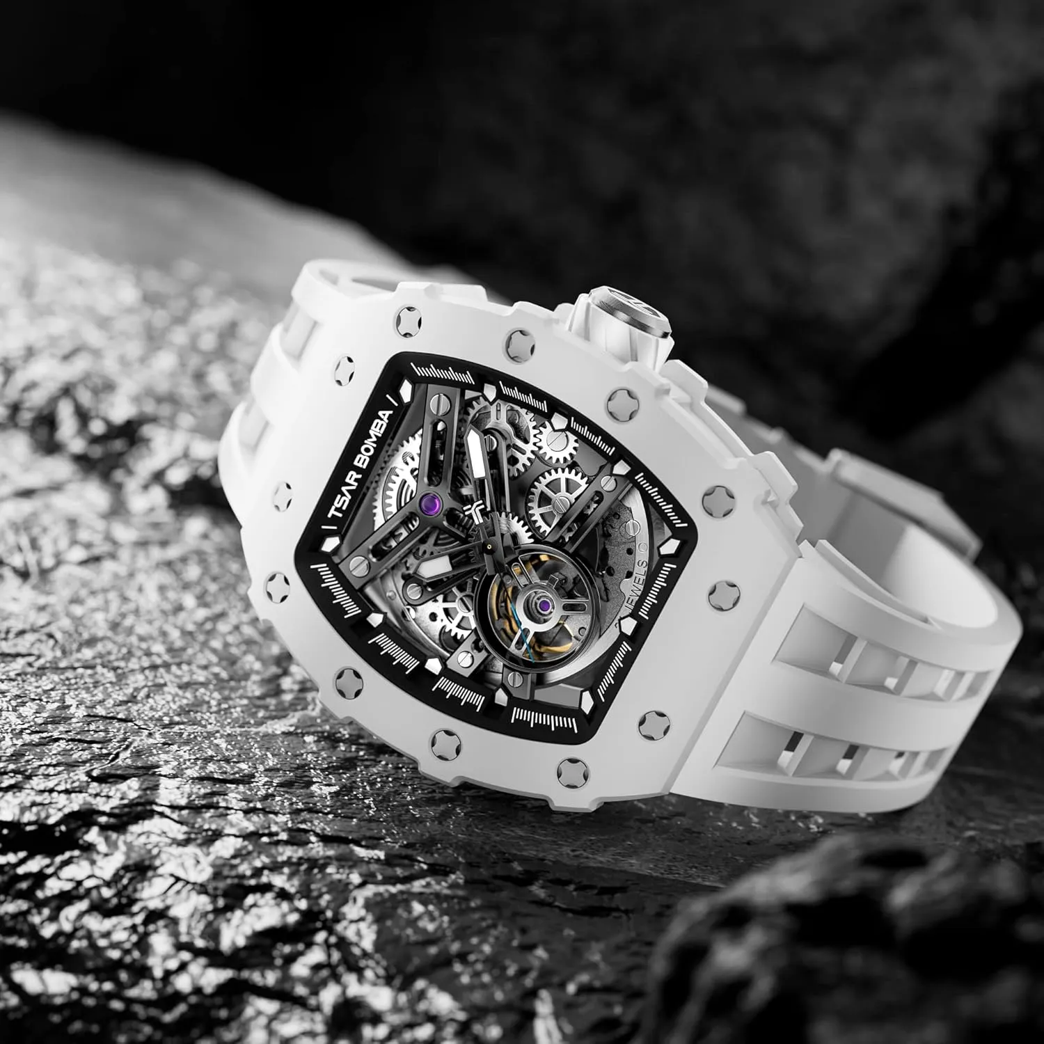contend despoil diameter herb voltage Cool Square Big Face Dial Wristwatch with Silicone Strap Band Men's Automatic Watch Tonneau Luxury Skeleton Watches for Men Mechanical 50M Waterproof Analogue Watches Mens Unique 
