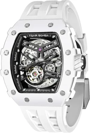 contend despoil diameter herb voltage Cool Square Big Face Dial Wristwatch with Silicone Strap Band Men's Automatic Watch Tonneau Luxury Skeleton Watches for Men Mechanical 50M Waterproof Analogue Watches Mens Unique 