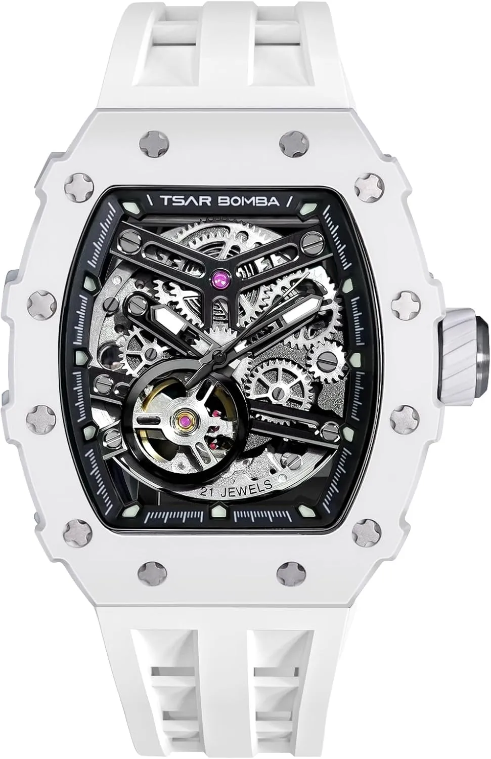 contend despoil diameter herb voltage Cool Square Big Face Dial Wristwatch with Silicone Strap Band Men's Automatic Watch Tonneau Luxury Skeleton Watches for Men Mechanical 50M Waterproof Analogue Watches Mens Unique 