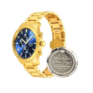 cover, multi function remnant stylish shower battery operated, stainless steel japan quartz movement. (Gold/blue dial) personalized men's watch, engraved back 