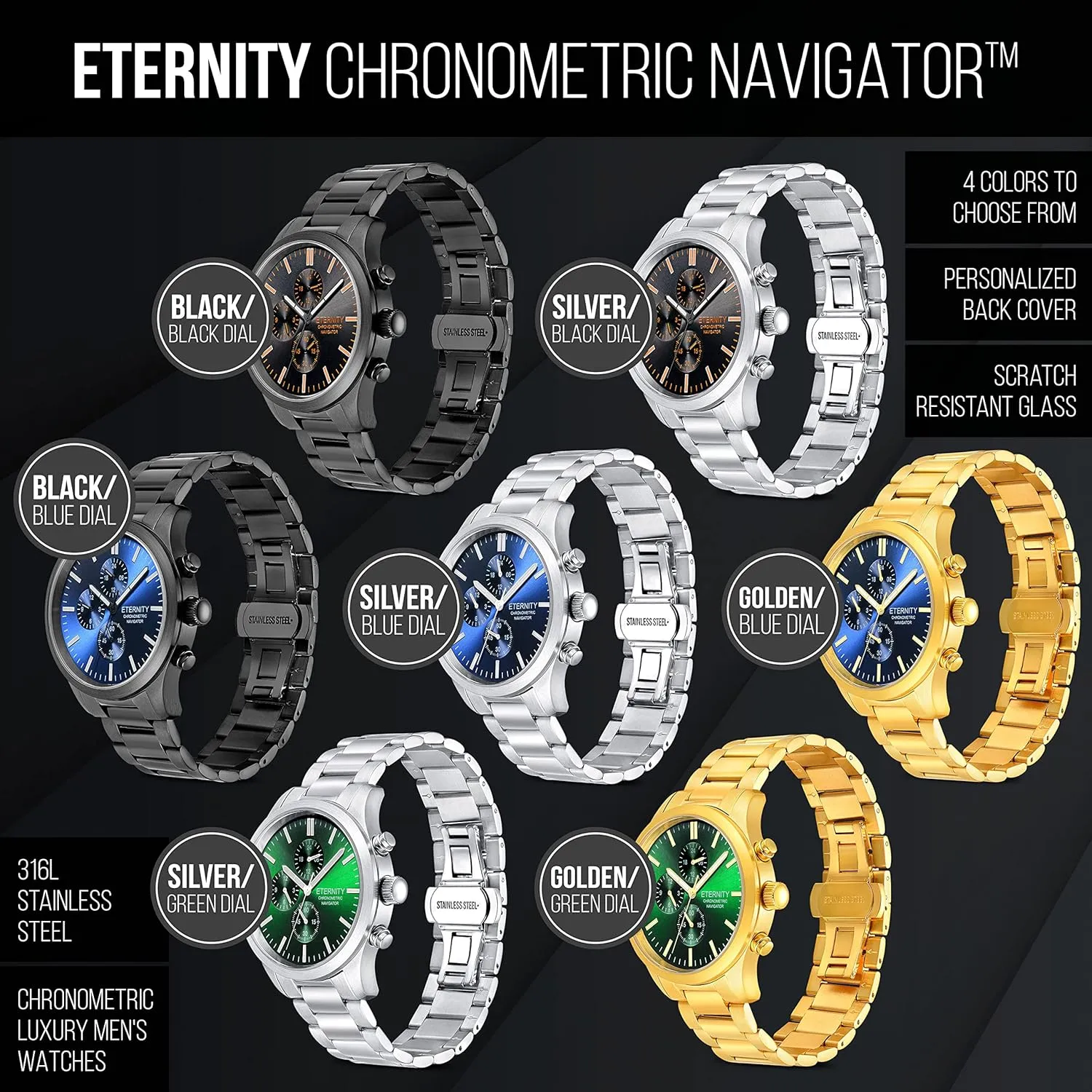cover, multi function remnant stylish shower battery operated, stainless steel japan quartz movement. (Gold/blue dial) personalized men's watch, engraved back 