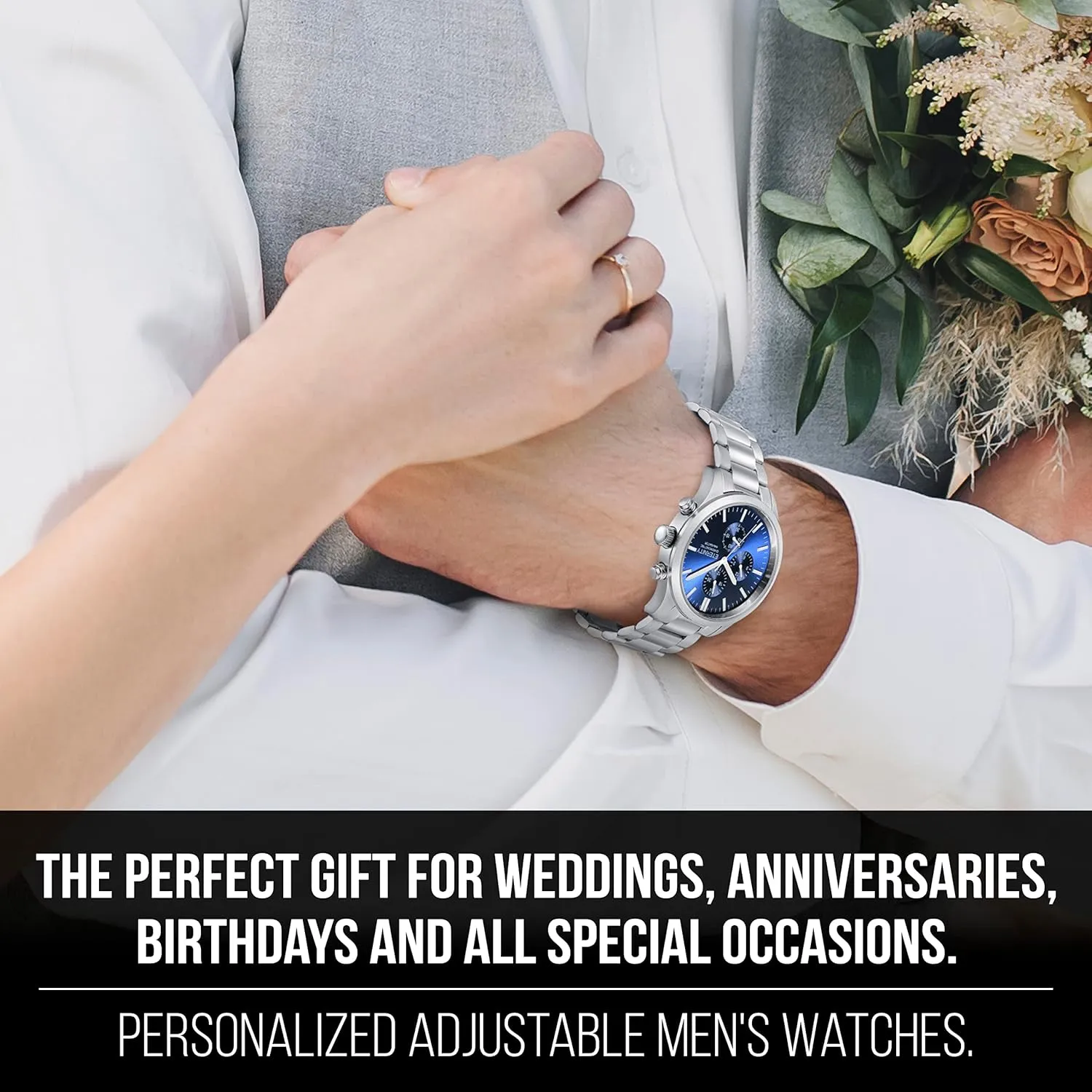 cover, multi function remnant stylish shower battery operated, stainless steel japan quartz movement. (Gold/blue dial) personalized men's watch, engraved back 