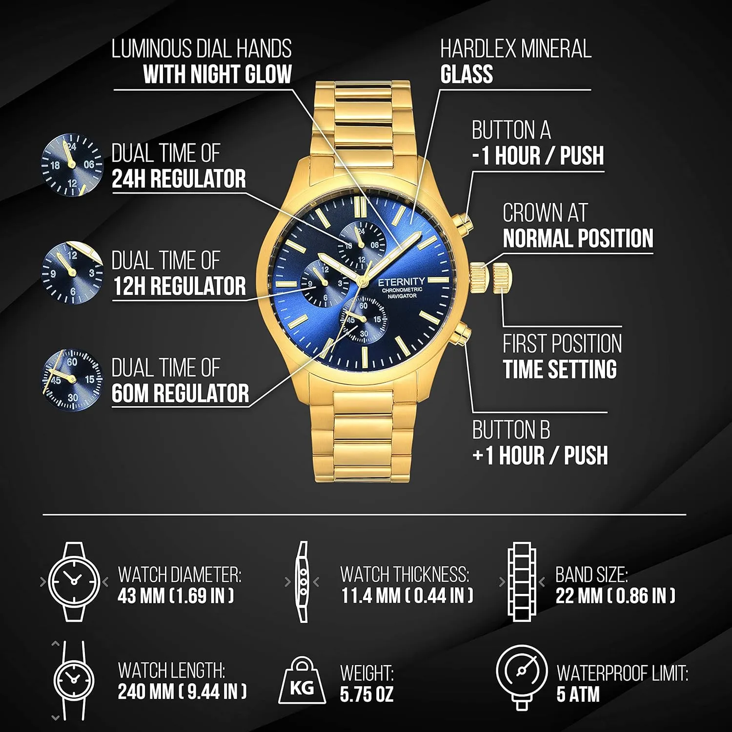cover, multi function remnant stylish shower battery operated, stainless steel japan quartz movement. (Gold/blue dial) personalized men's watch, engraved back 