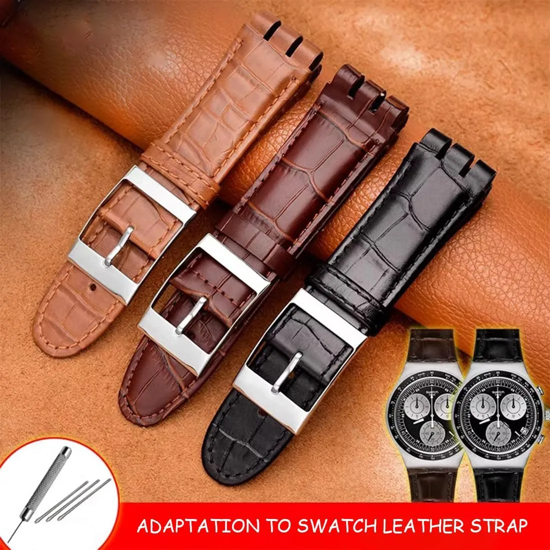 Cow Leather Stainless Steel Buckle Watch Band with Tool Watch Width 23mm Large Leather Strap Replacement for Men's Swatch YOS440 449 401 447 ZHUOLEI sensory bushman stabilizer cultivation SWATCH 