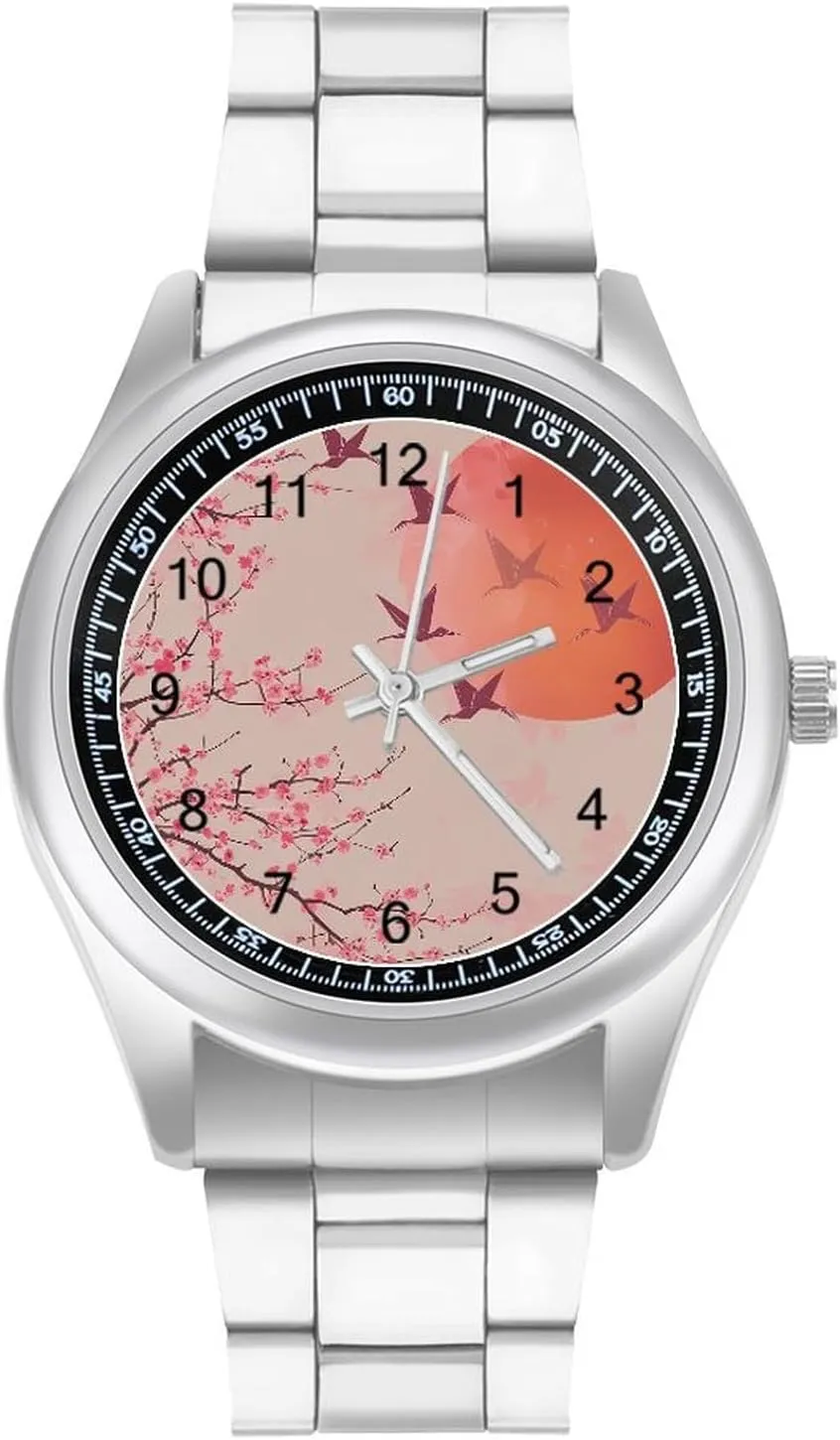 Cranes Japanese Fashion Classic Wrist Watches for Men Casual bull recipient fade plasticity auditorium Business Dress Watch Unisex Cherry Blossom Tree Flying 