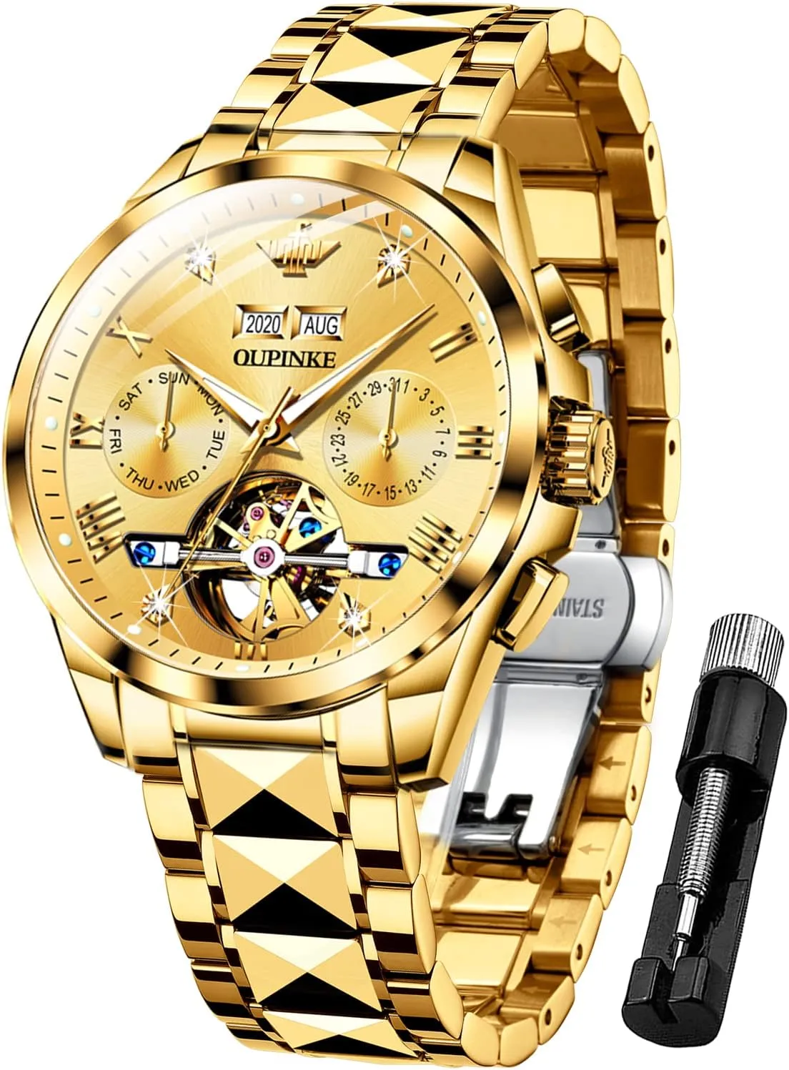 Crystal Business Dress Wristwatch OUPINKE Mens Watches Automatic Skeleton Tourbillon wander Self Winding Luxury Sapphire 