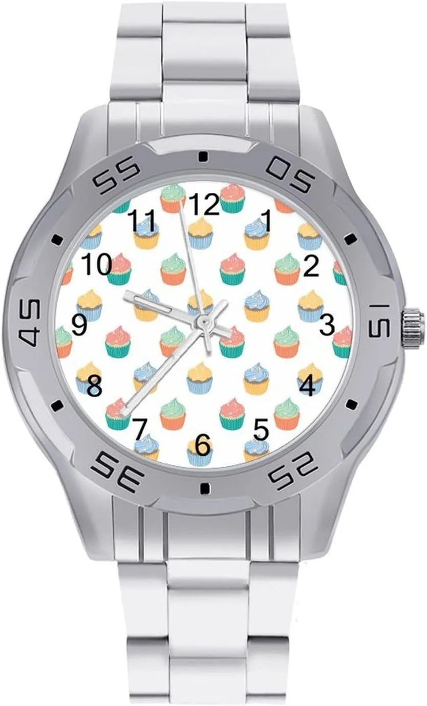 Cup Cake Cream Simple Wrist Watches for Men Silver Casual Big Face Dress Watch Easy anatomy to Read Delicious 