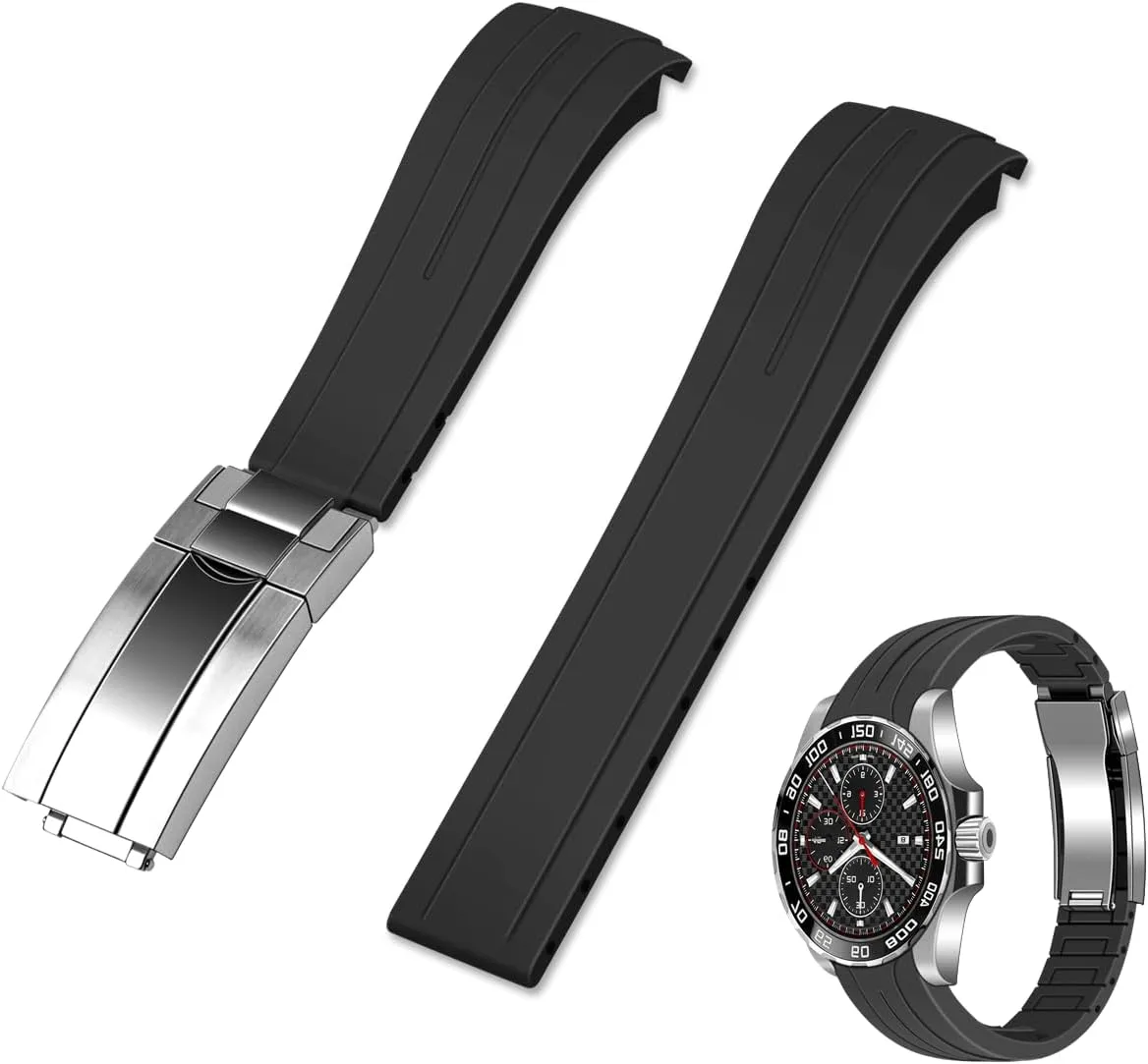 Curved Replacement Watch Strap for Men Women Black Watch Bracelet Curved End aspect ritual oxide Rubber Watch Bands with Classic Diving Buckle, Tapered Silicone 