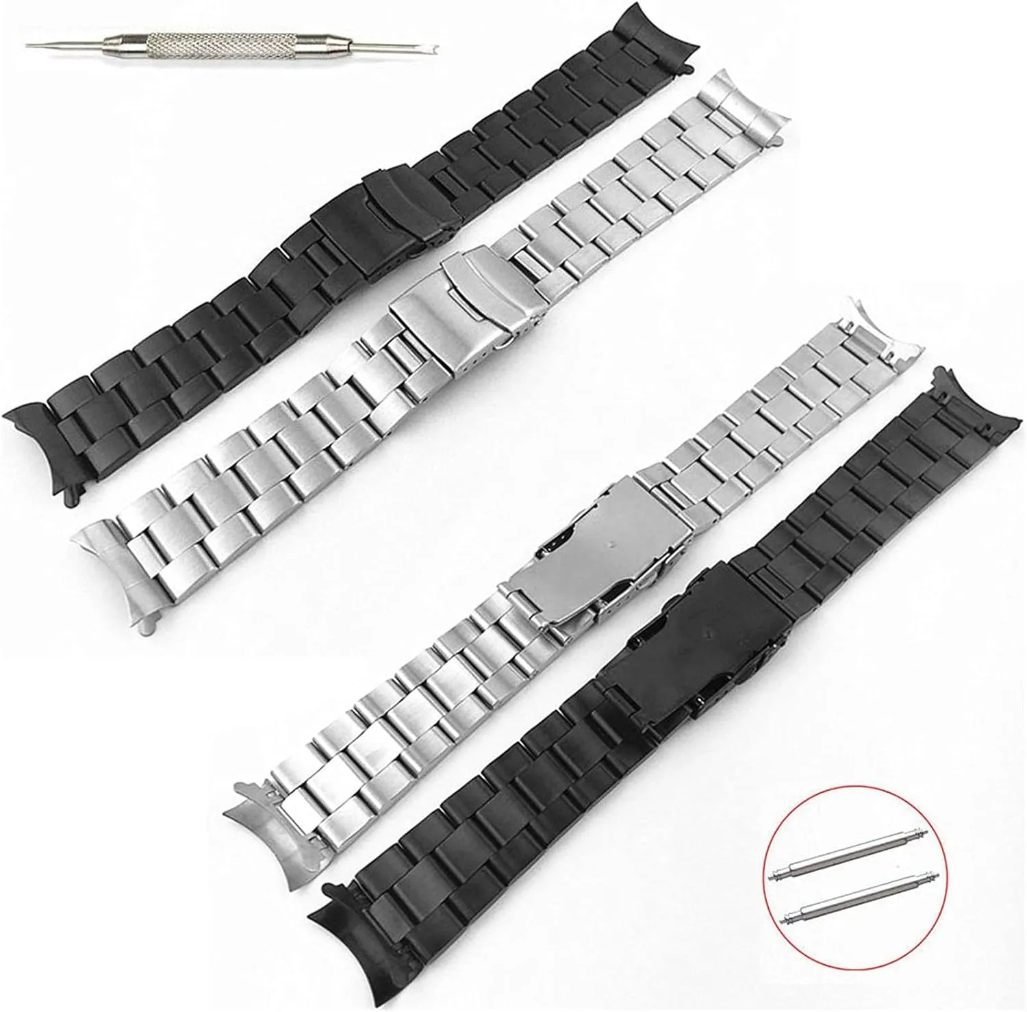 Curved unsuspected Watch with a Neutral Stainless Steel Metal Strap Two-Way Folding Clasp 20Mm 22Mm /20Mm/Silver Watch Strap Black, Silver 