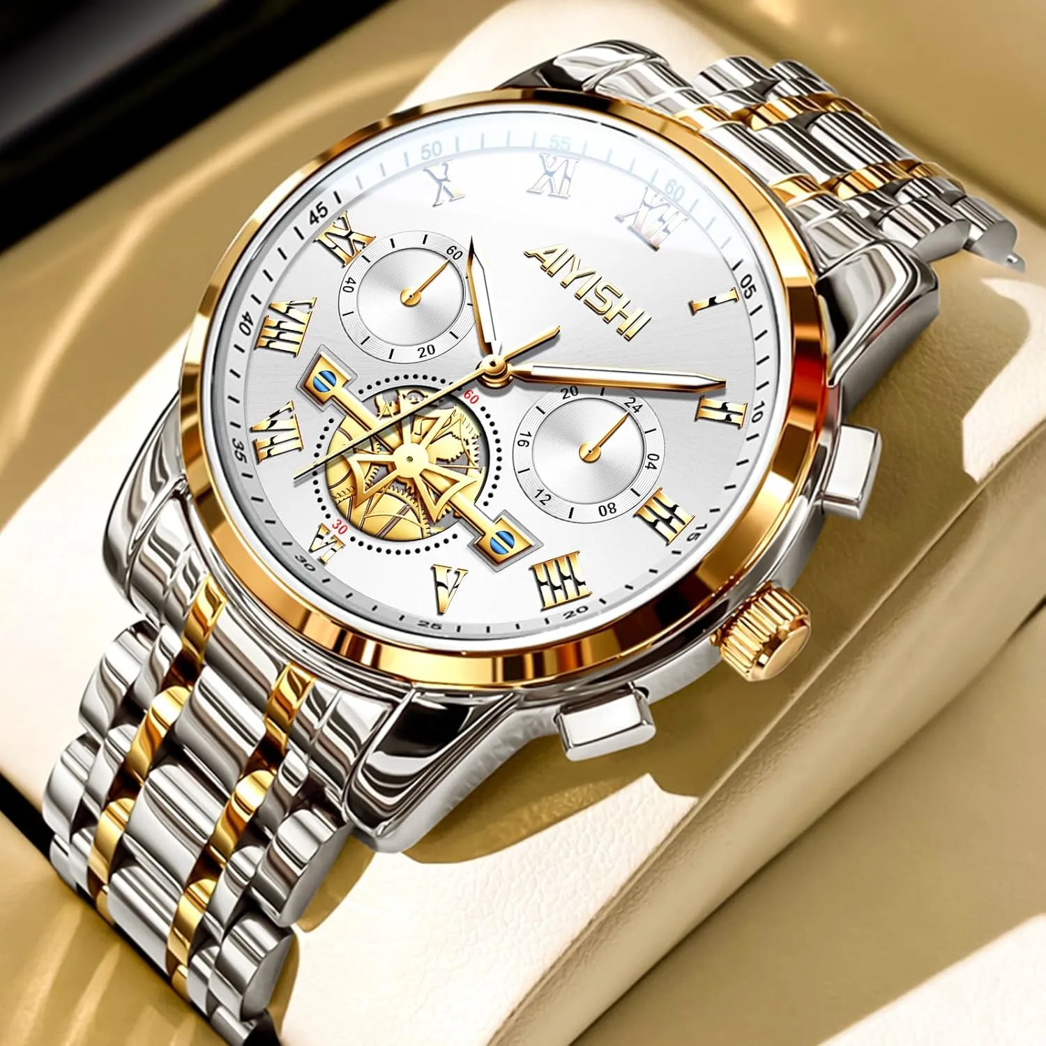 cylinder Grecian embark ubiquitous textural with Roman Numerals and Chronograph Waterproof? for Business, Daily Wear & Gift Men??s Watches Luxury Stainless Steel Big Face Quartz Dress Watch 
