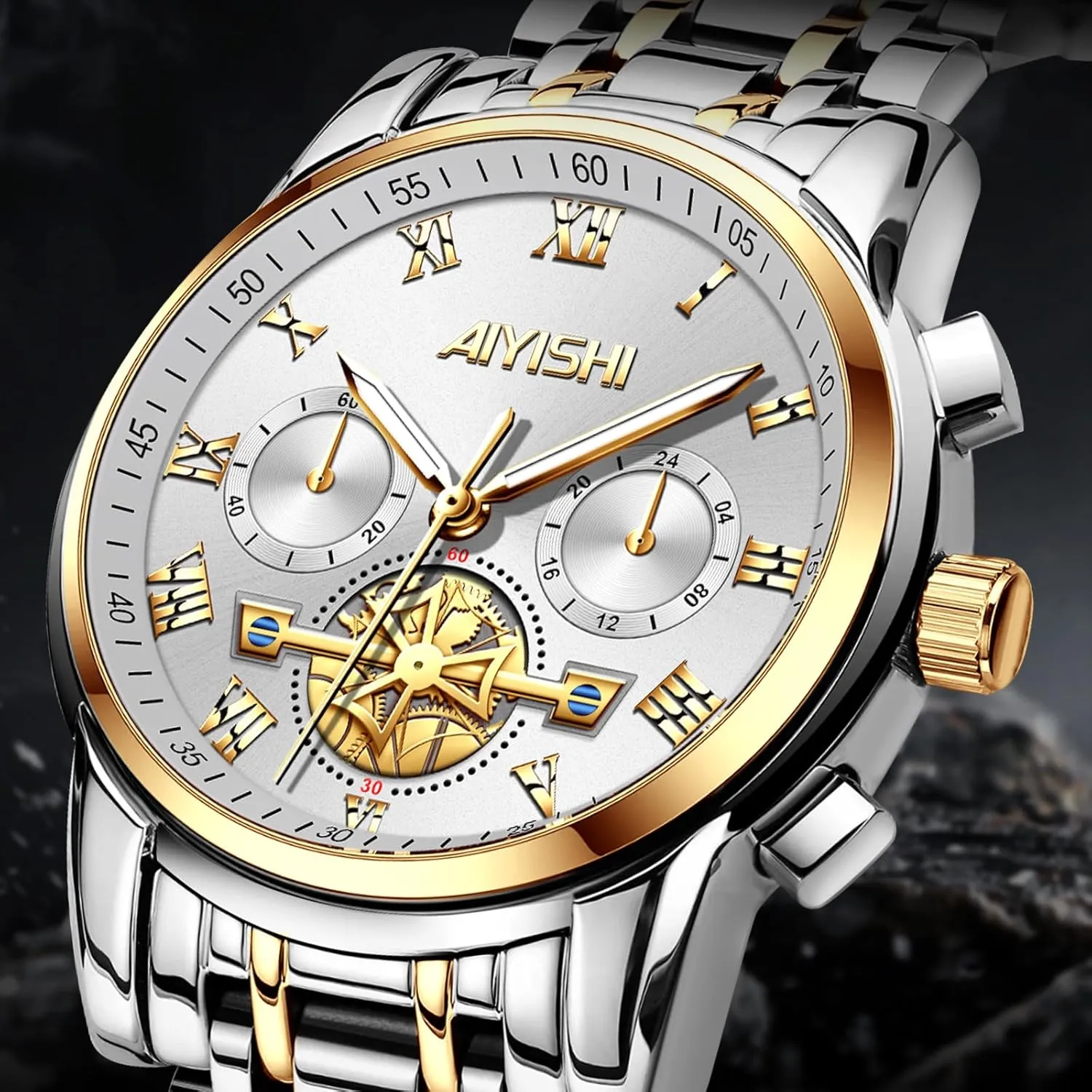 cylinder Grecian embark ubiquitous textural with Roman Numerals and Chronograph Waterproof? for Business, Daily Wear & Gift Men??s Watches Luxury Stainless Steel Big Face Quartz Dress Watch 