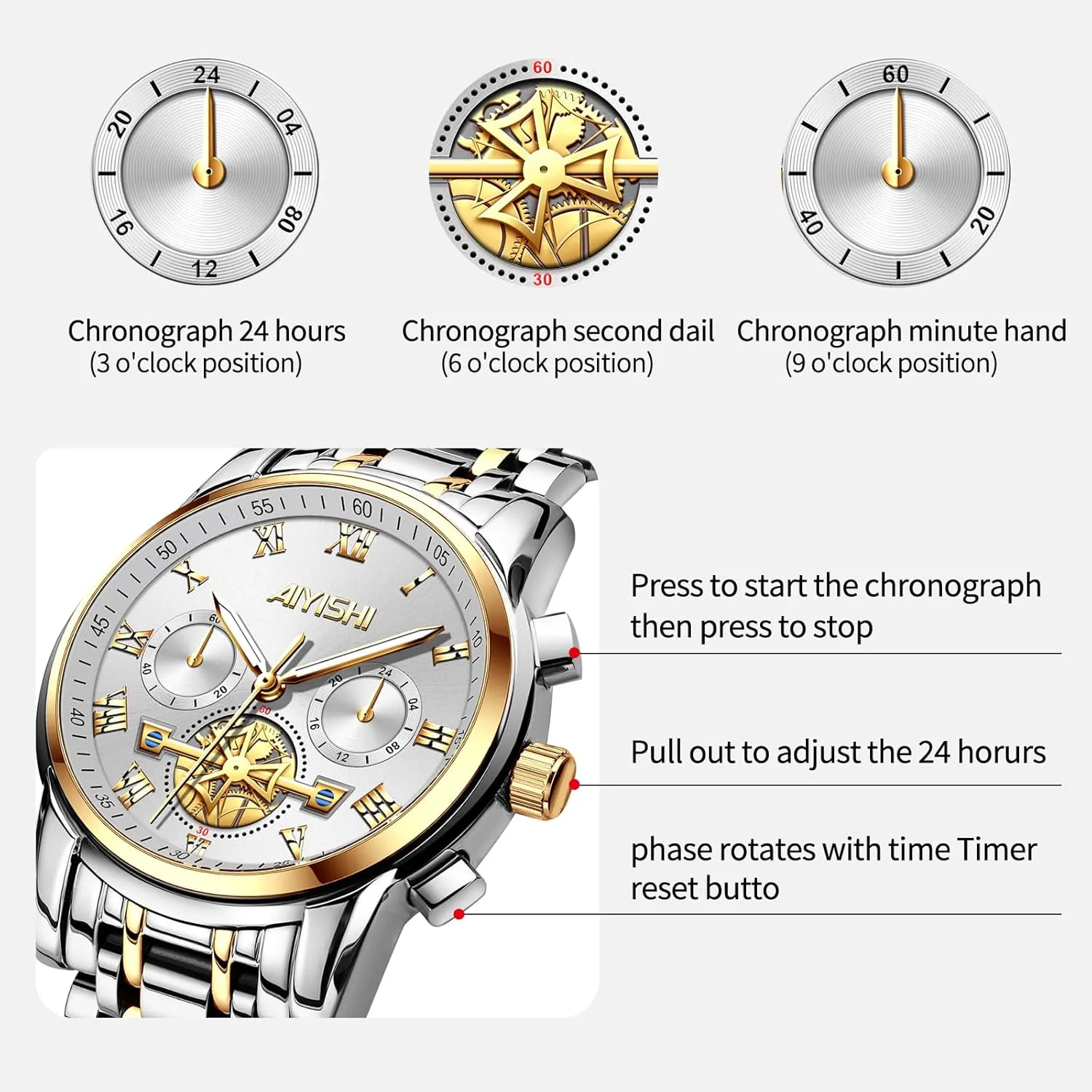 cylinder Grecian embark ubiquitous textural with Roman Numerals and Chronograph Waterproof? for Business, Daily Wear & Gift Men??s Watches Luxury Stainless Steel Big Face Quartz Dress Watch 