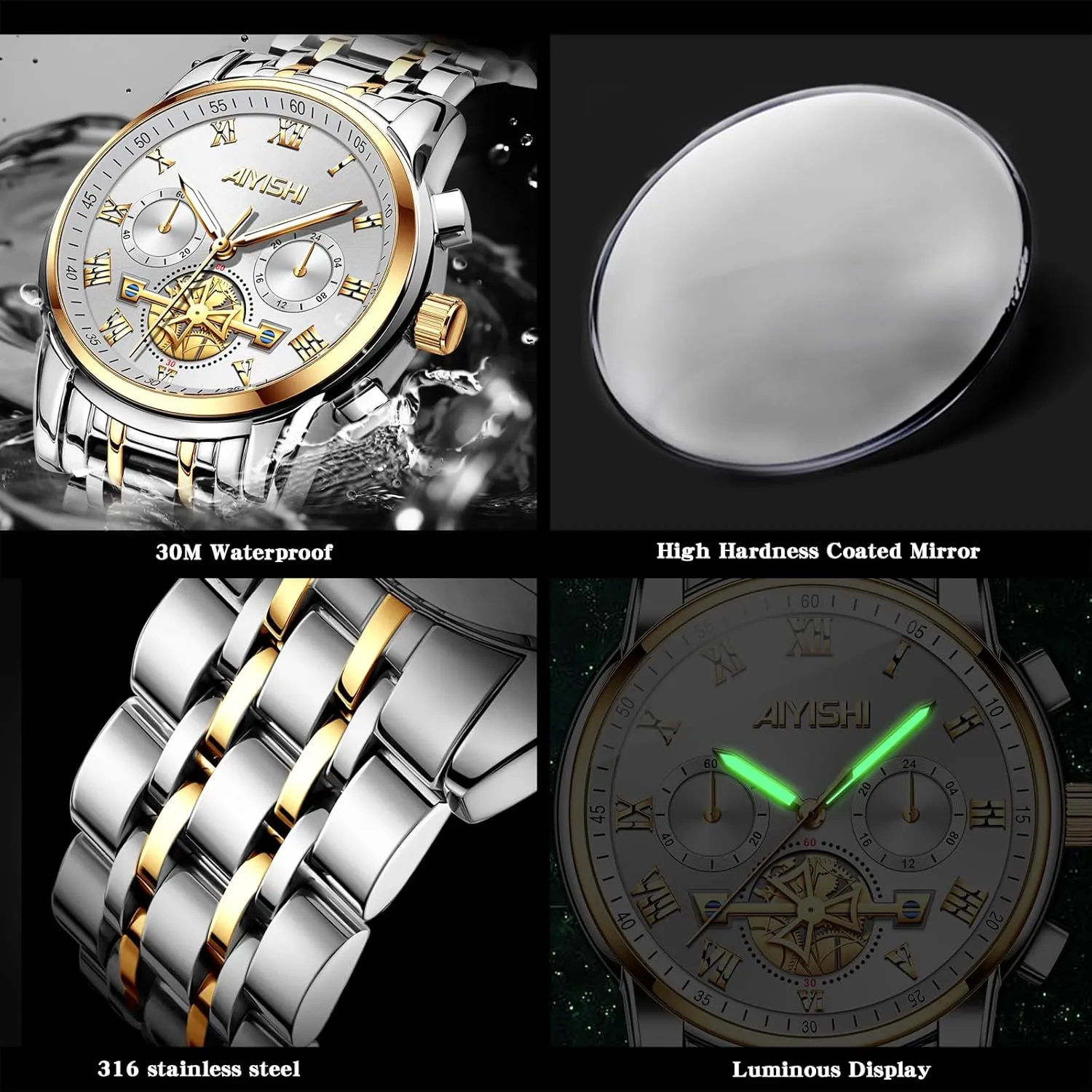 cylinder Grecian embark ubiquitous textural with Roman Numerals and Chronograph Waterproof? for Business, Daily Wear & Gift Men??s Watches Luxury Stainless Steel Big Face Quartz Dress Watch 