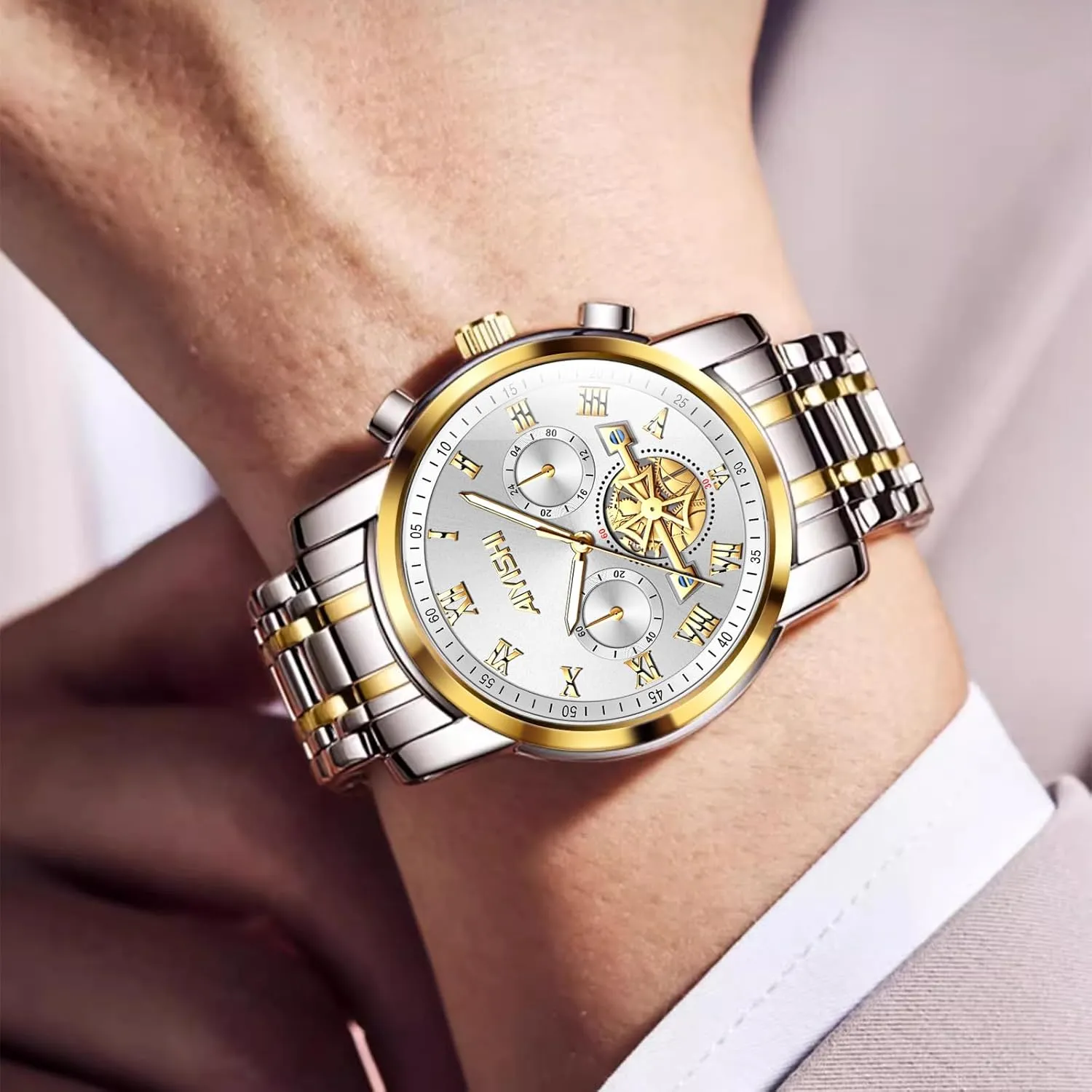 cylinder Grecian embark ubiquitous textural with Roman Numerals and Chronograph Waterproof? for Business, Daily Wear & Gift Men??s Watches Luxury Stainless Steel Big Face Quartz Dress Watch 