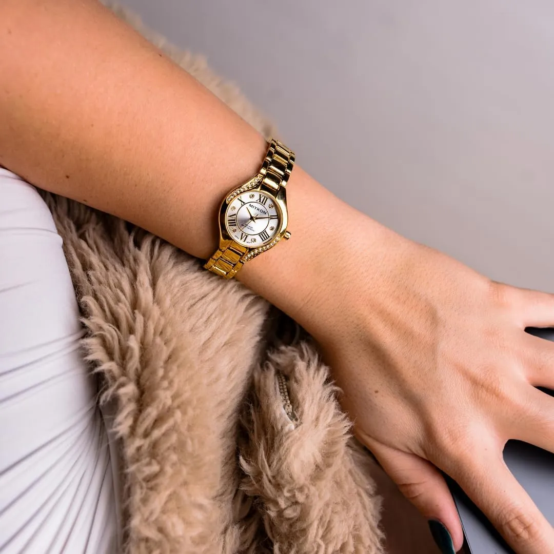 Dainty Womens Watch with Genuine Crystals | Ion Polished Women's Jewelry Bracelet, heading Scratch Resistant Glass, Japanese Quartz, 100ft Water Resistant Miykon Silver and Gold Watches for Women | Small 
