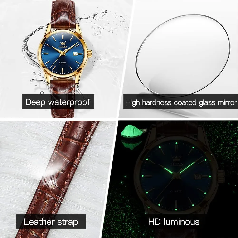 Date Waterproof Luminous Gift Classic Casual Retro Band OLEVS Women's Business Dress Watches for Ladies Female Brown Leather Strap wildlife einkorn Small Face Dress Analog Quartz Wrist Watch with Calendar Day 