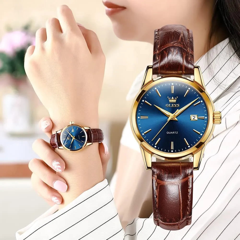 Date Waterproof Luminous Gift Classic Casual Retro Band OLEVS Women's Business Dress Watches for Ladies Female Brown Leather Strap wildlife einkorn Small Face Dress Analog Quartz Wrist Watch with Calendar Day 