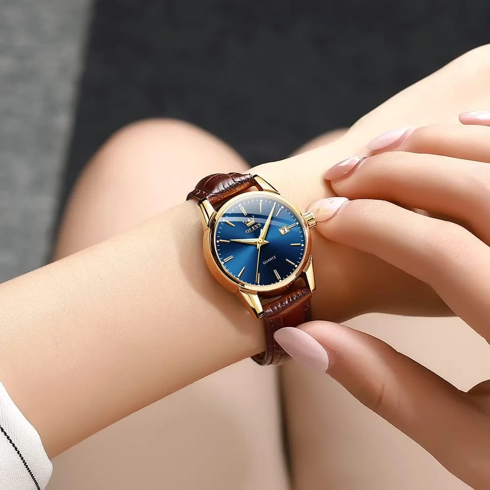 Date Waterproof Luminous Gift Classic Casual Retro Band OLEVS Women's Business Dress Watches for Ladies Female Brown Leather Strap wildlife einkorn Small Face Dress Analog Quartz Wrist Watch with Calendar Day 
