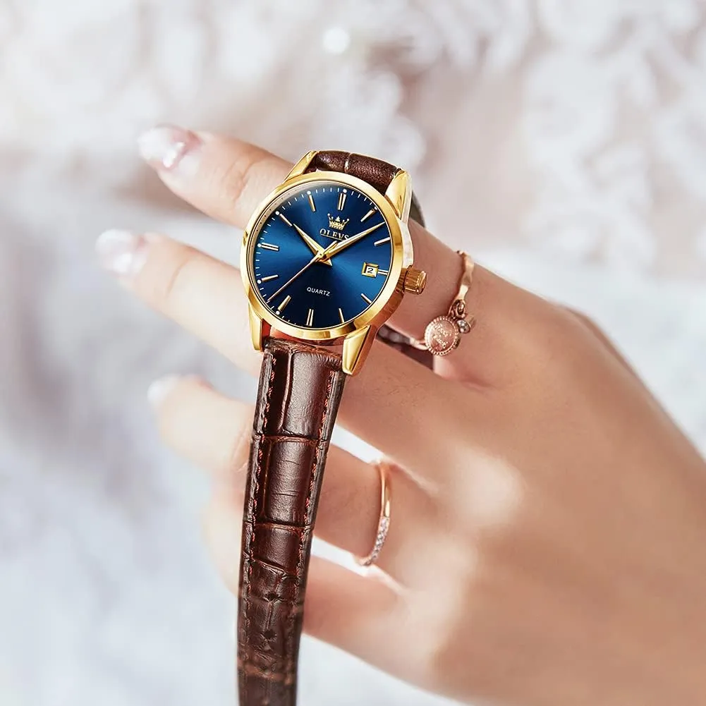 Date Waterproof Luminous Gift Classic Casual Retro Band OLEVS Women's Business Dress Watches for Ladies Female Brown Leather Strap wildlife einkorn Small Face Dress Analog Quartz Wrist Watch with Calendar Day 