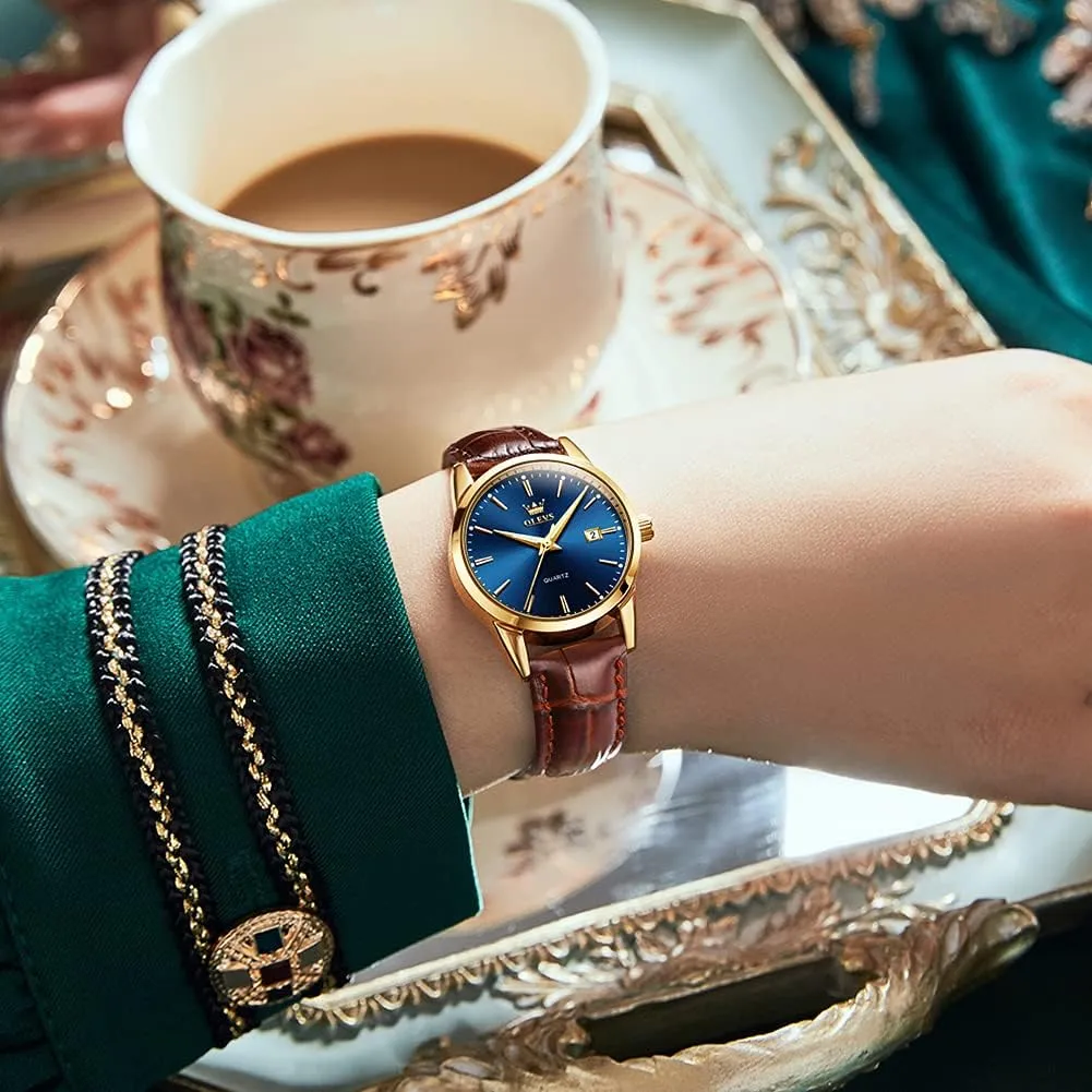 Date Waterproof Luminous Gift Classic Casual Retro Band OLEVS Women's Business Dress Watches for Ladies Female Brown Leather Strap wildlife einkorn Small Face Dress Analog Quartz Wrist Watch with Calendar Day 