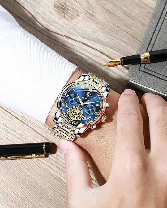 Date Waterproof Luminous Watch Gifts OLEVS mask suspension scroll Mens Automatic Watches Skeleton Tourbillon Mechanical Self Winding Luxury Dress Wrist Watch Moon Phase Day 