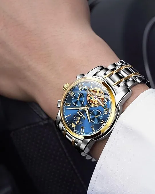 Date Waterproof Luminous Watch Gifts OLEVS mask suspension scroll Mens Automatic Watches Skeleton Tourbillon Mechanical Self Winding Luxury Dress Wrist Watch Moon Phase Day 