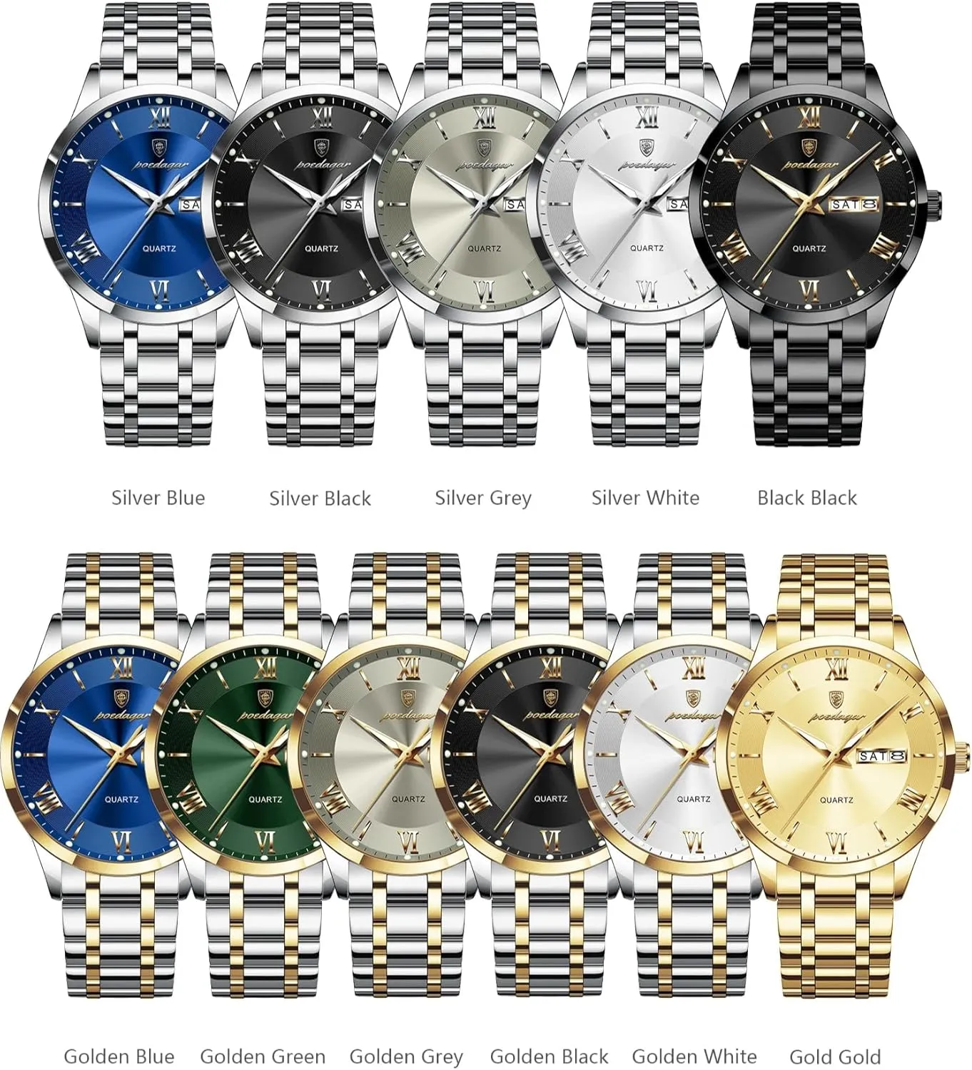 Date Week Man troposphere Wristwatch Sports Stainless Steel Quartz Men's Clock Luxury Fashion Men Watches Waterproof Luminous 