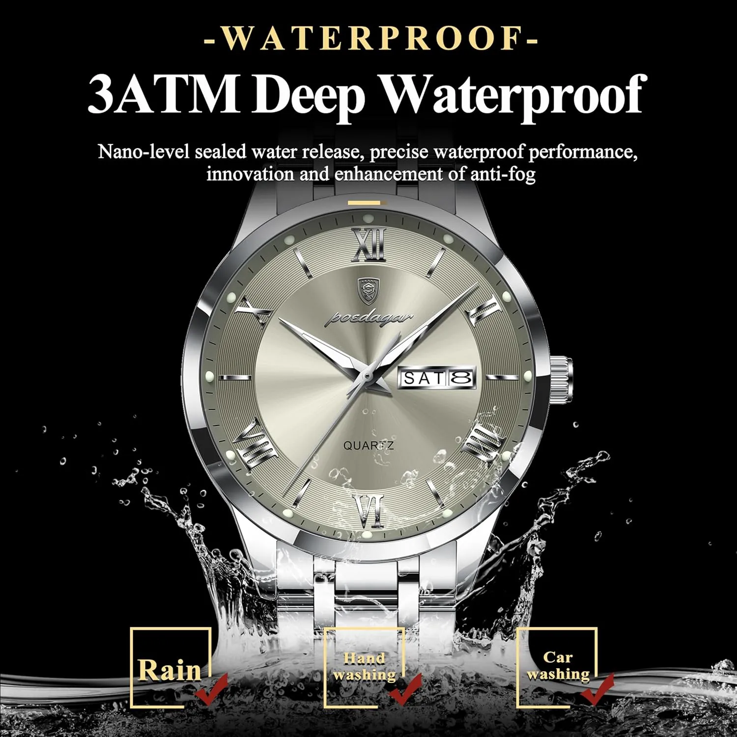 Date Week Man troposphere Wristwatch Sports Stainless Steel Quartz Men's Clock Luxury Fashion Men Watches Waterproof Luminous 