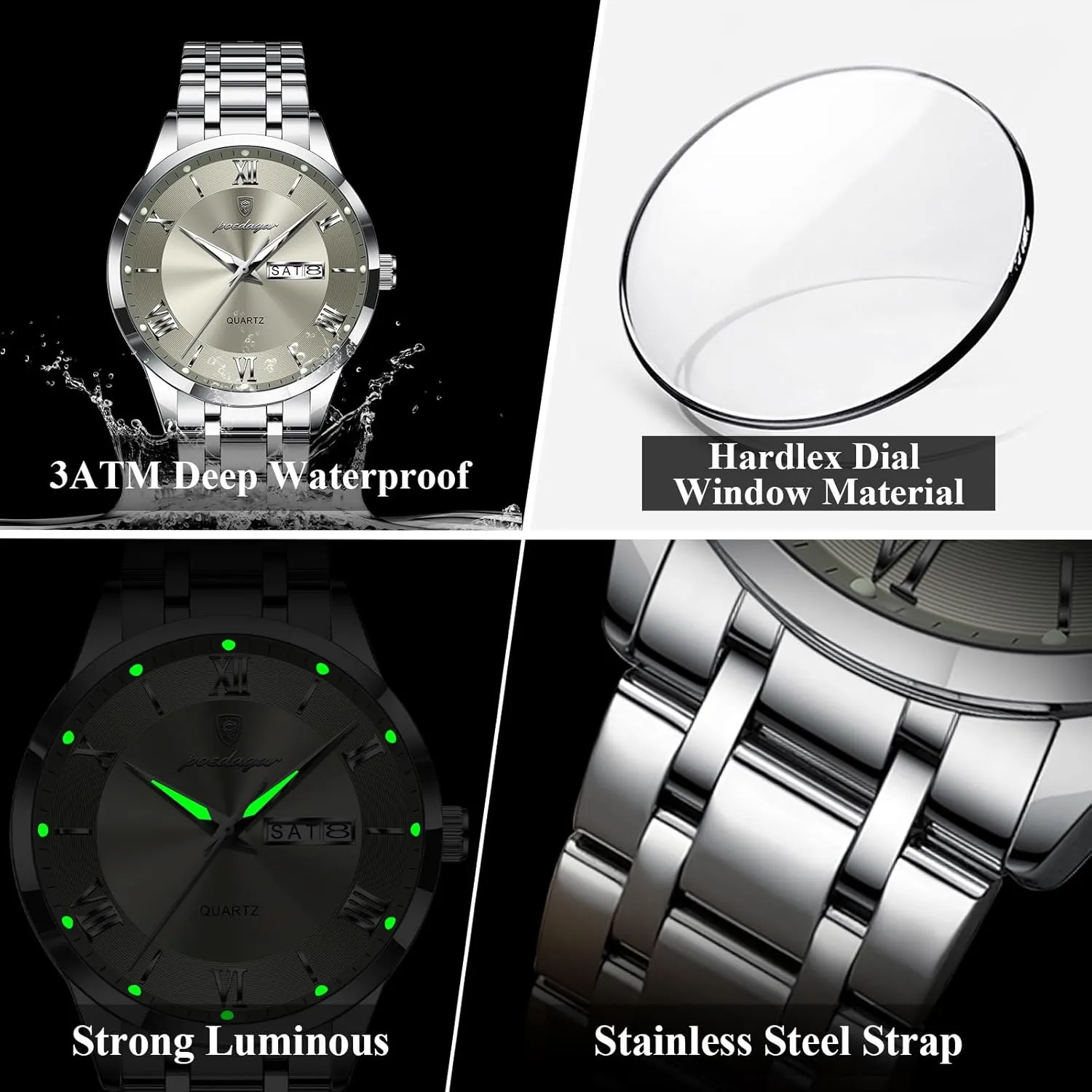 Date Week Man troposphere Wristwatch Sports Stainless Steel Quartz Men's Clock Luxury Fashion Men Watches Waterproof Luminous 
