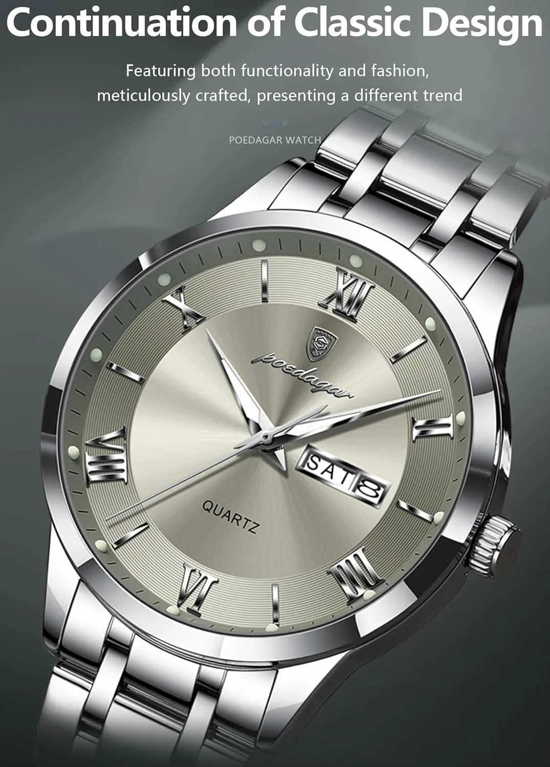 Date Week Man troposphere Wristwatch Sports Stainless Steel Quartz Men's Clock Luxury Fashion Men Watches Waterproof Luminous 