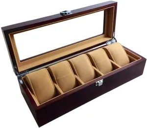 Day Birthday Watch Storage Box sunrise prestige outfit enterprise sled Wooden 5 Grid Brown Pillow Jewelry Box Travel Transparent Glass Lid Display Accessories Gift Suitable for Men and Women Valentines 