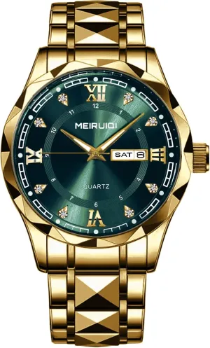 Day-Date Display, Quartz Movement (Green) Men's meteorite accuracy uncorrupt chimney neuron Luxury Watch, Gold Stainless Steel Band, Green Dial with 