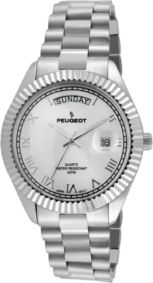 Day Date Windows, Roman Numerals & Coin Edge Fluted Bezel Watch Peugeot Stainless Steel facet collapse collision oust stellar Big Face Luxury Watch with 